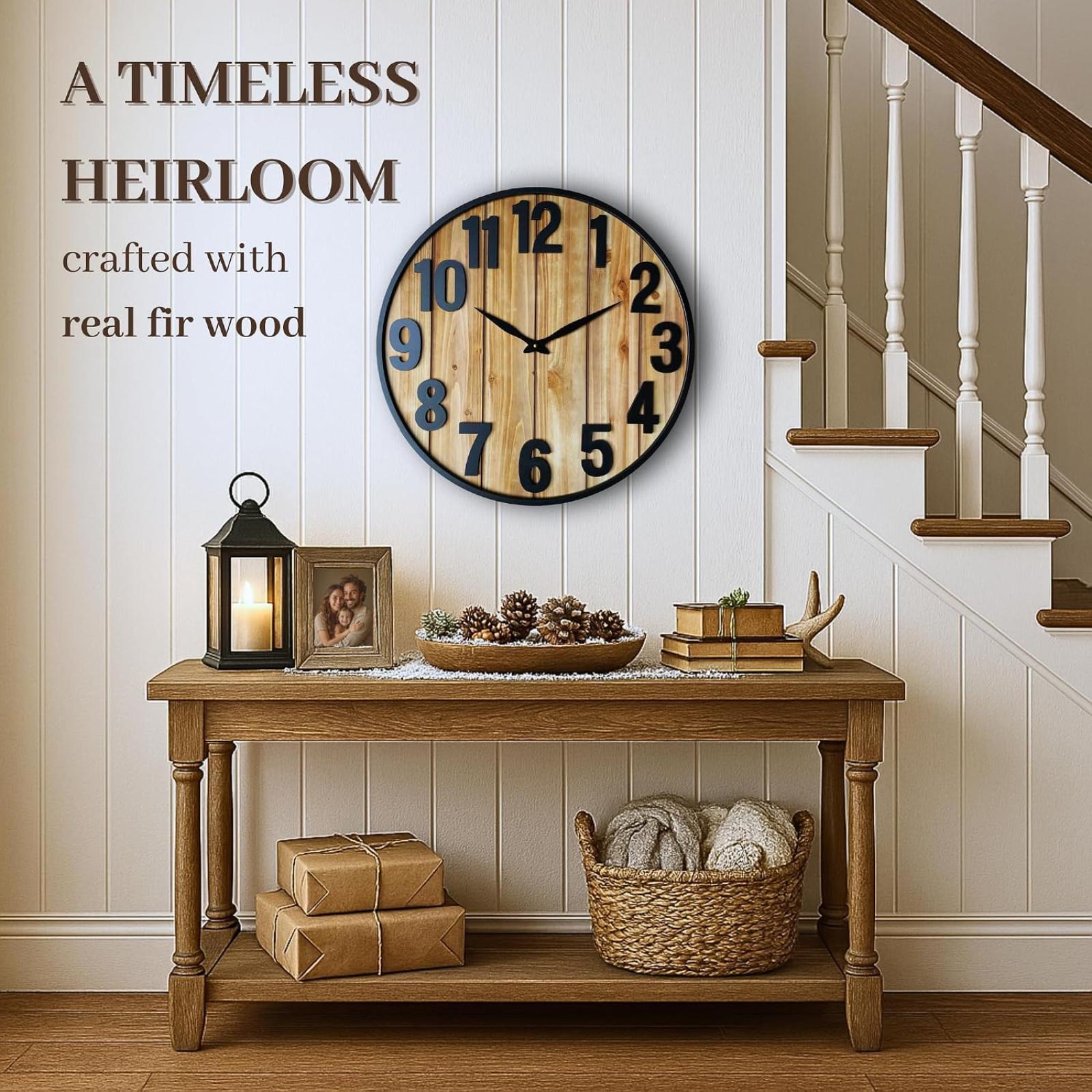 Montoire 24 Inch Wooden Farmhouse Wall Clock Large, Extra Large for Living Room Decor - Big Oversized Rustic Round Decorative Clocks for Walls, Battery Operated (LOT OF 10)