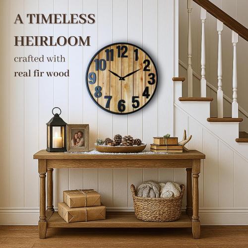 Montoire 24 Inch Wooden Farmhouse Wall Clock Large, Extra Large for Living Room Decor - Big Oversized Rustic Round Decorative Clocks for Walls, Battery Operated (LOT OF 10)