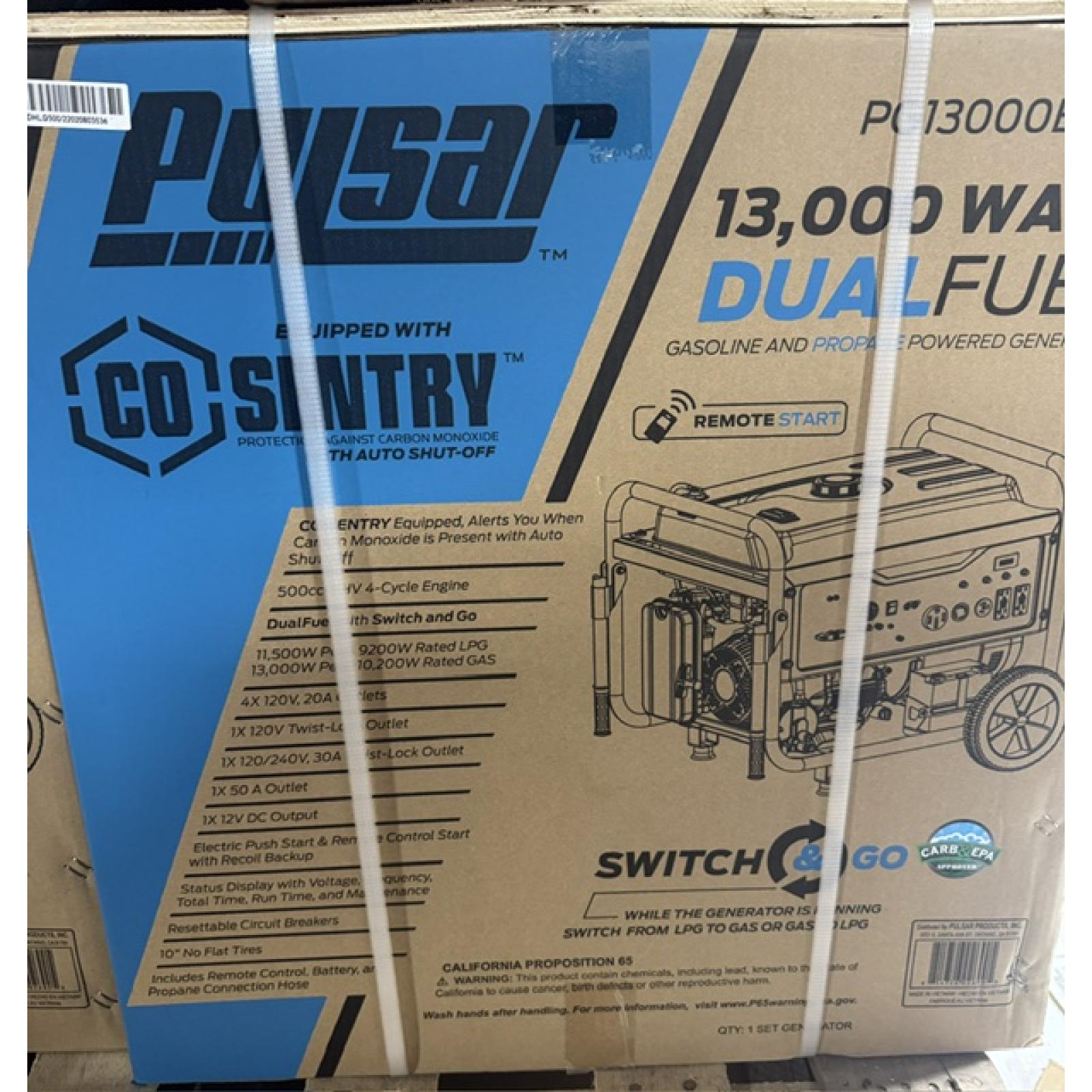 Springtown Location- NEW Pulsar 13,000/10,000 -Watt Dual-Fuel Gasoline & Propane w/ Push to Start Portable Home Generator