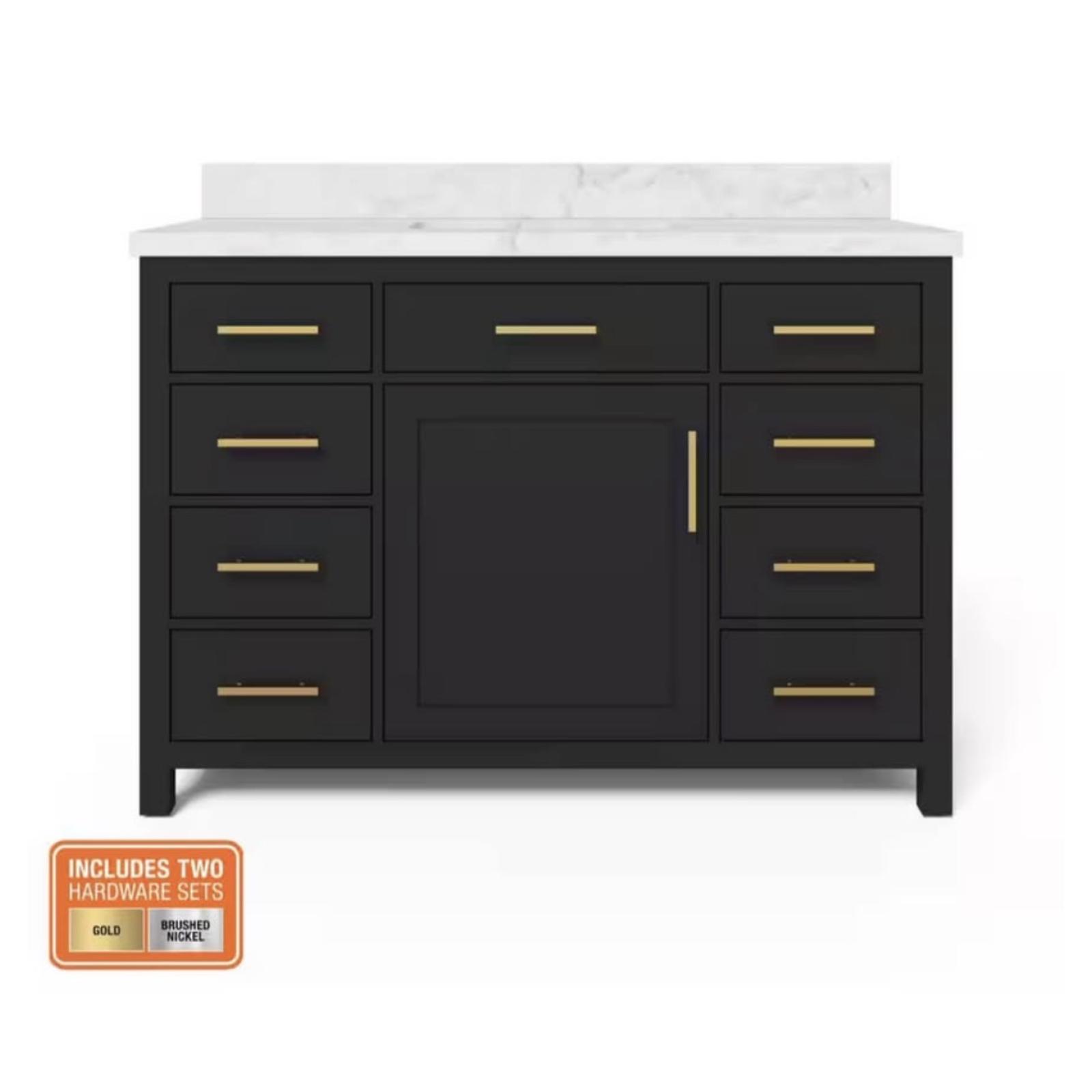 Springtown Location-Bonheur 48 in. Single Sink Freestanding Black Bath Vanity with White Engineered Stone Top