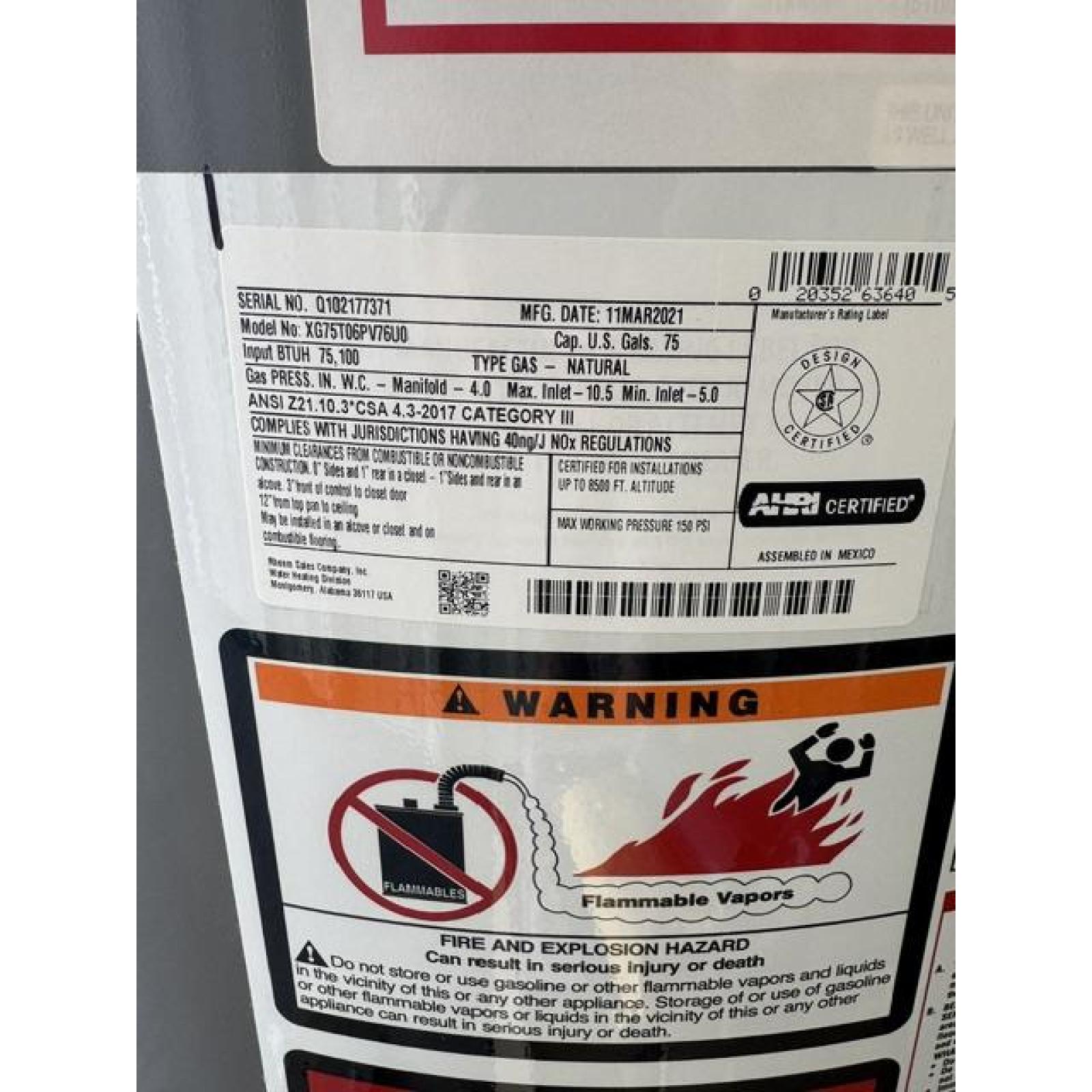 Springtown Location-Rheem 75 Gallon Natural Gas Water Heater