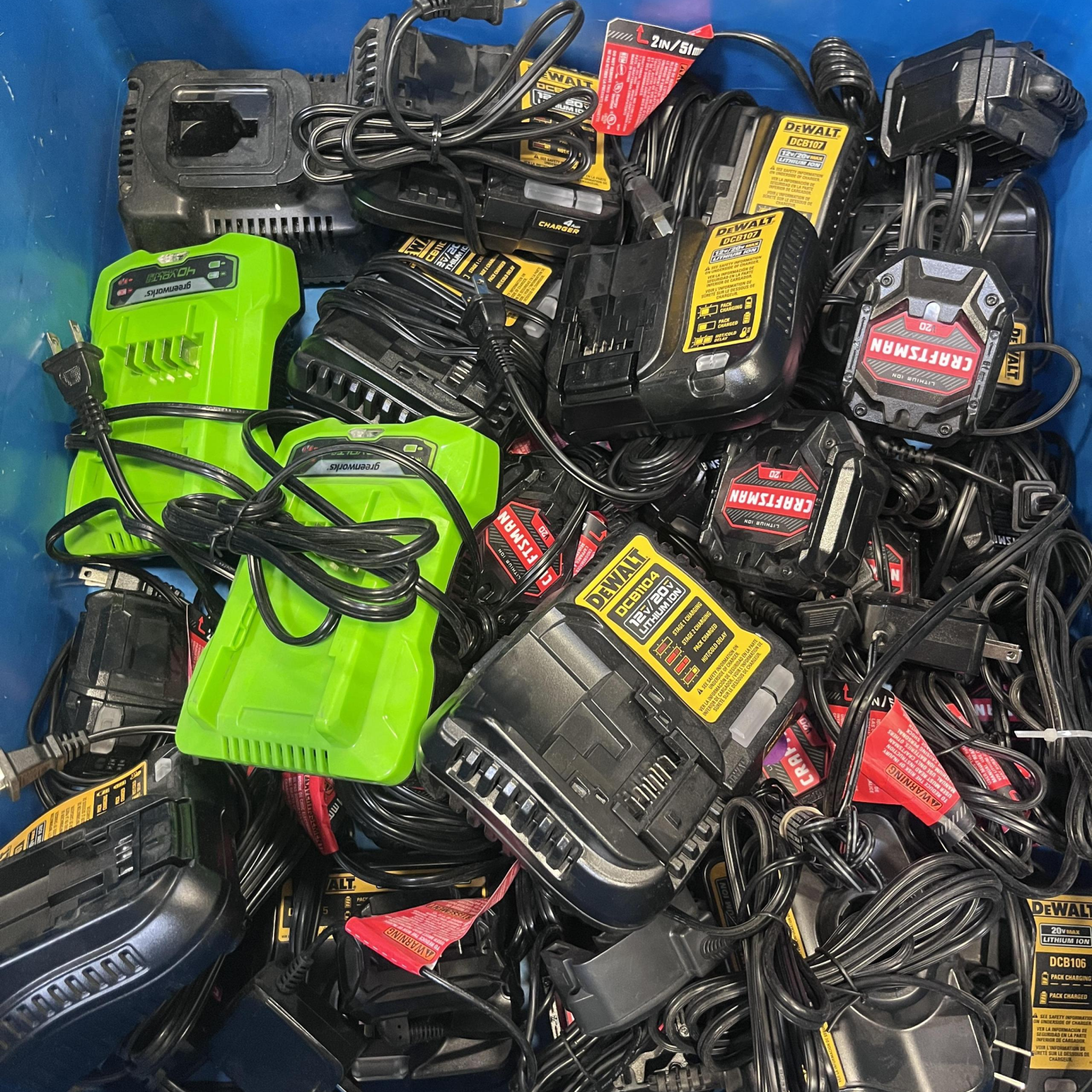 LOT OF 57 - USED Mixed Power Tool Batteries & Chargers – DEWALT, CRAFTSMAN, BLACK+DECKER, KIMO & GREENWORKS - Total LOT MSRP $3,402.90