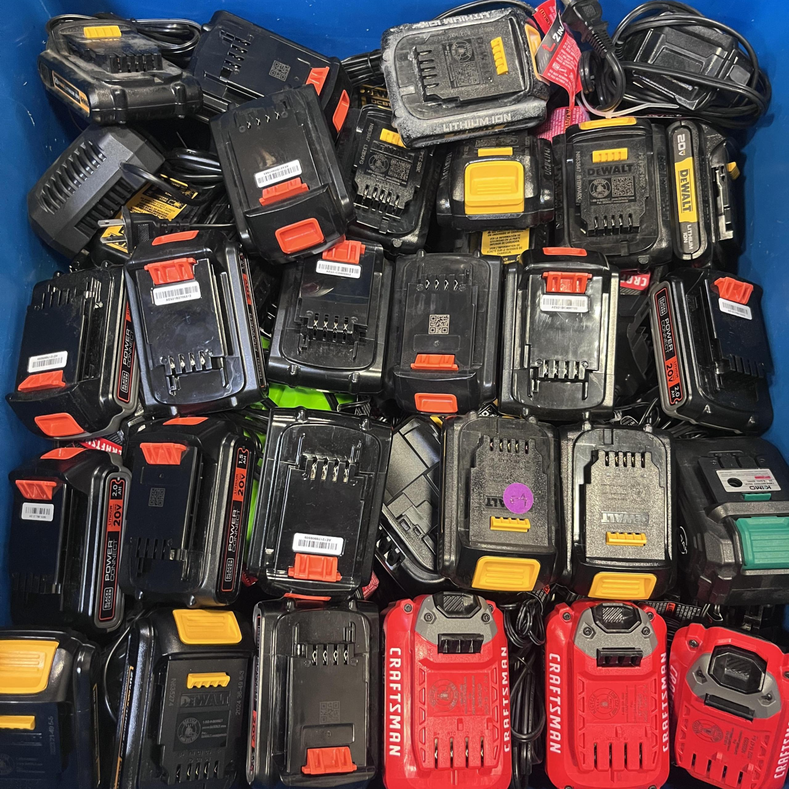 LOT OF 57 - USED Mixed Power Tool Batteries & Chargers – DEWALT, CRAFTSMAN, BLACK+DECKER, KIMO & GREENWORKS - Total LOT MSRP $3,402.90