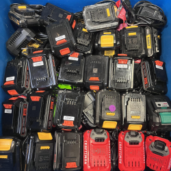 LOT OF 57 - USED Mixed Power Tool Batteries & Chargers – DEWALT, CRAFTSMAN, BLACK+DECKER, KIMO & GREENWORKS - Total LOT MSRP $3,402.90