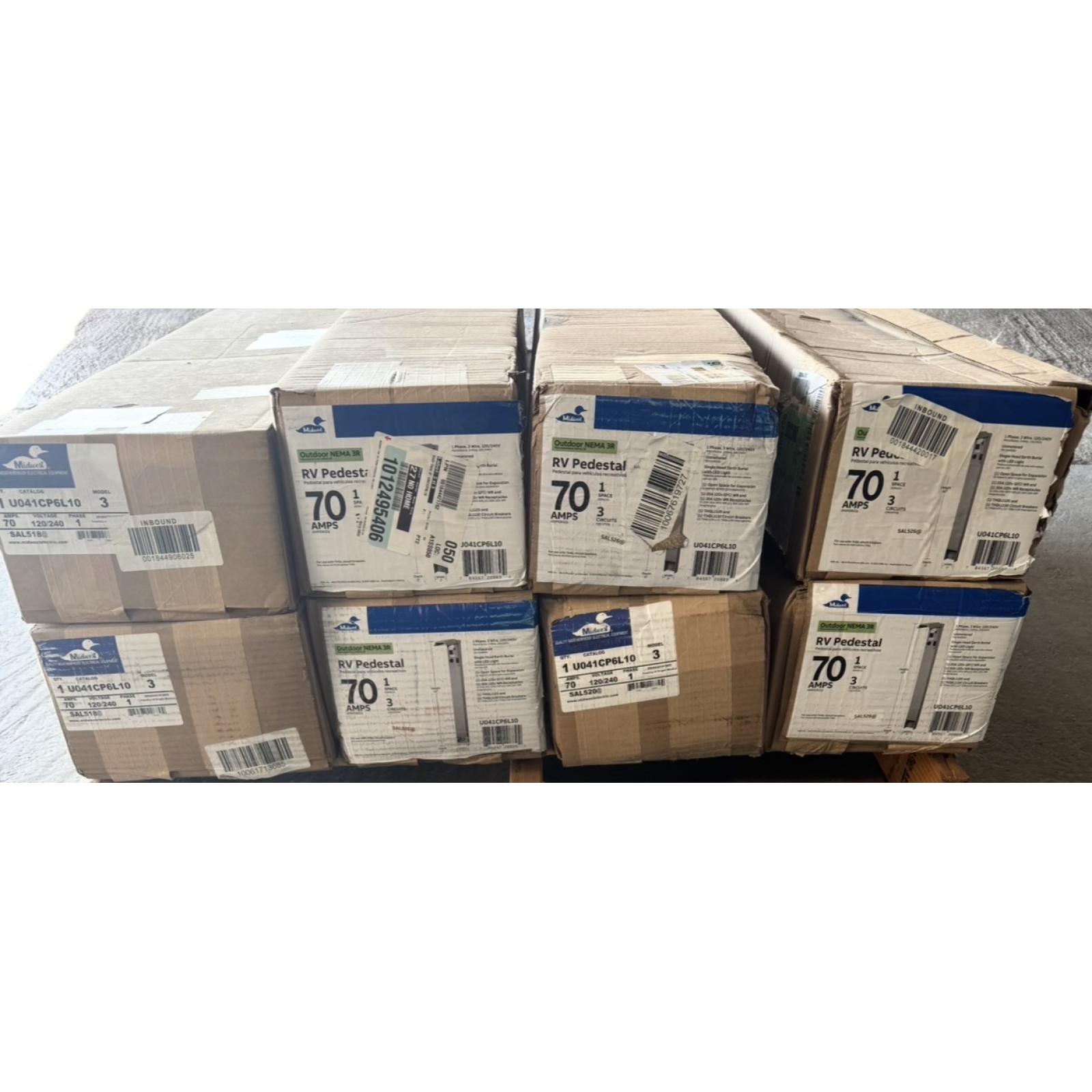 Springtown Location- Pallet of 8- RV 70 Amp pedestal 120/240V w/ 30/20 Amp GCFI