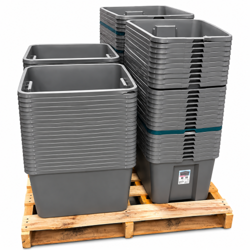 LOT OF 129 – USED Gray Plastic Storage Crates – Excellent Condition