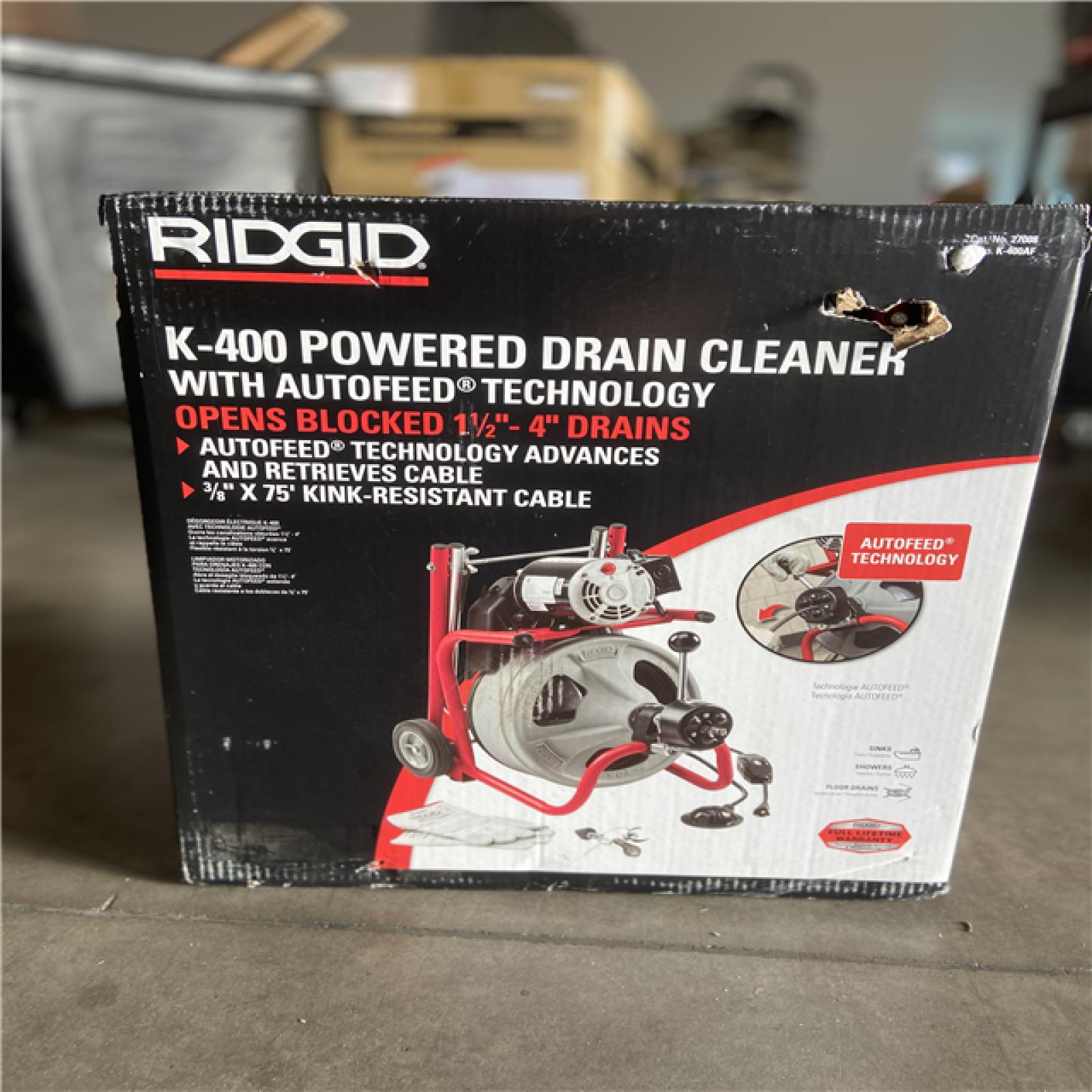 DALLAS LOCATION -  RIDGID K-400 AutoFeed Drain Cleaning Snake Auger 120-Volt Drum Machine and C-32IW 3/8 in. x 75 ft. Cable + Tool Set & Gloves