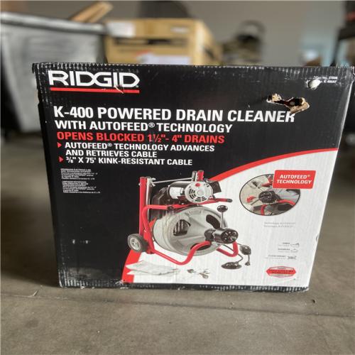 DALLAS LOCATION -  RIDGID K-400 AutoFeed Drain Cleaning Snake Auger 120-Volt Drum Machine and C-32IW 3/8 in. x 75 ft. Cable + Tool Set & Gloves