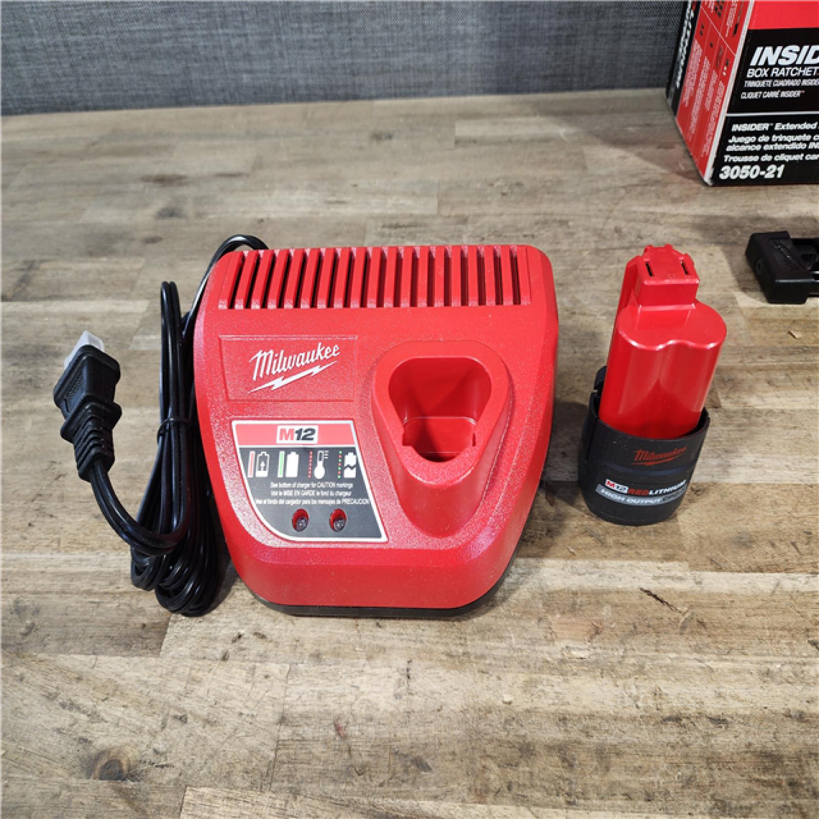 HOUSTON LOCATION - AS-IS MILWAUKEE M12 FUEL INSIDER 12V Lithium-Ion Brushless Cordless 1/4 in. - 3/8 in. Extended Reach Box Ratchet Kit W/ Battery  Charger