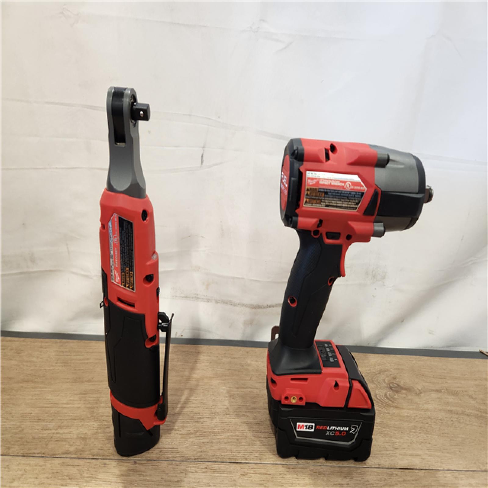 AS-IS- Milwaukee FUEL 18V Cordless Mid Torque 1/2 in. Impact Wrench w/ M12 FUEL 3/8 in. Ratchet & Battery/Charger Combo Kit