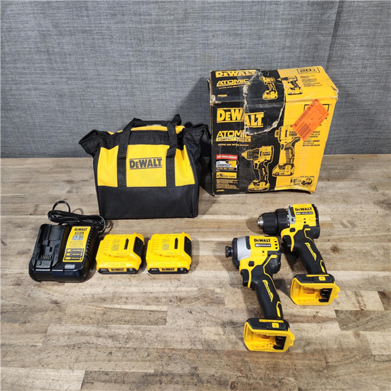 HOUSTON LOCATION - AS-IS Dewalt DCK225D2 20V MAX ATOMIC Brushless Compact Lithium-Ion 1/2 in. Cordless Drill Driver and 1/4 in. Impact Driver Combo Kit with 2 Batteries 2 Ah