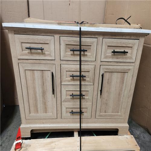 Phoenix AS-IS Home Decorators Collection Doveton 48 in. Single Sink Freestanding Weathered Tan Bath Vanity with White Engineered Marble Top (Assembled)