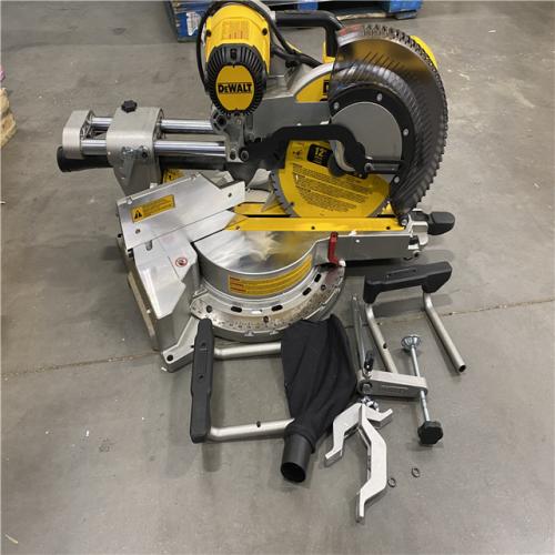 AS-IS DEWALT 15 Amp Corded 12 in. Double Bevel Sliding Compound Miter Saw with XPS Technology, Blade Wrench and Material Clamp