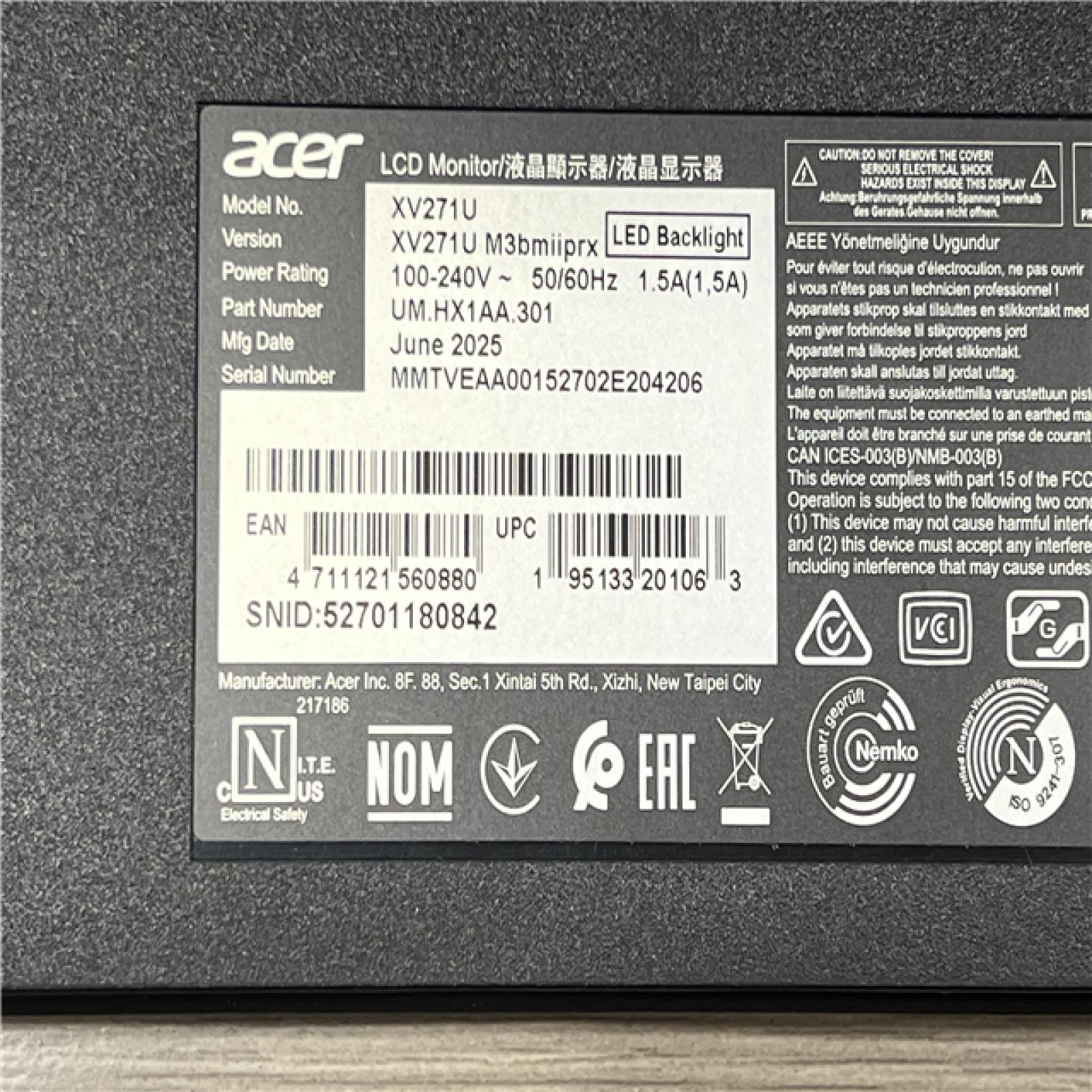 AS-IS ACER 27 Nitro XV1 Gaming Monitor - XV271U M3BMIIPRX