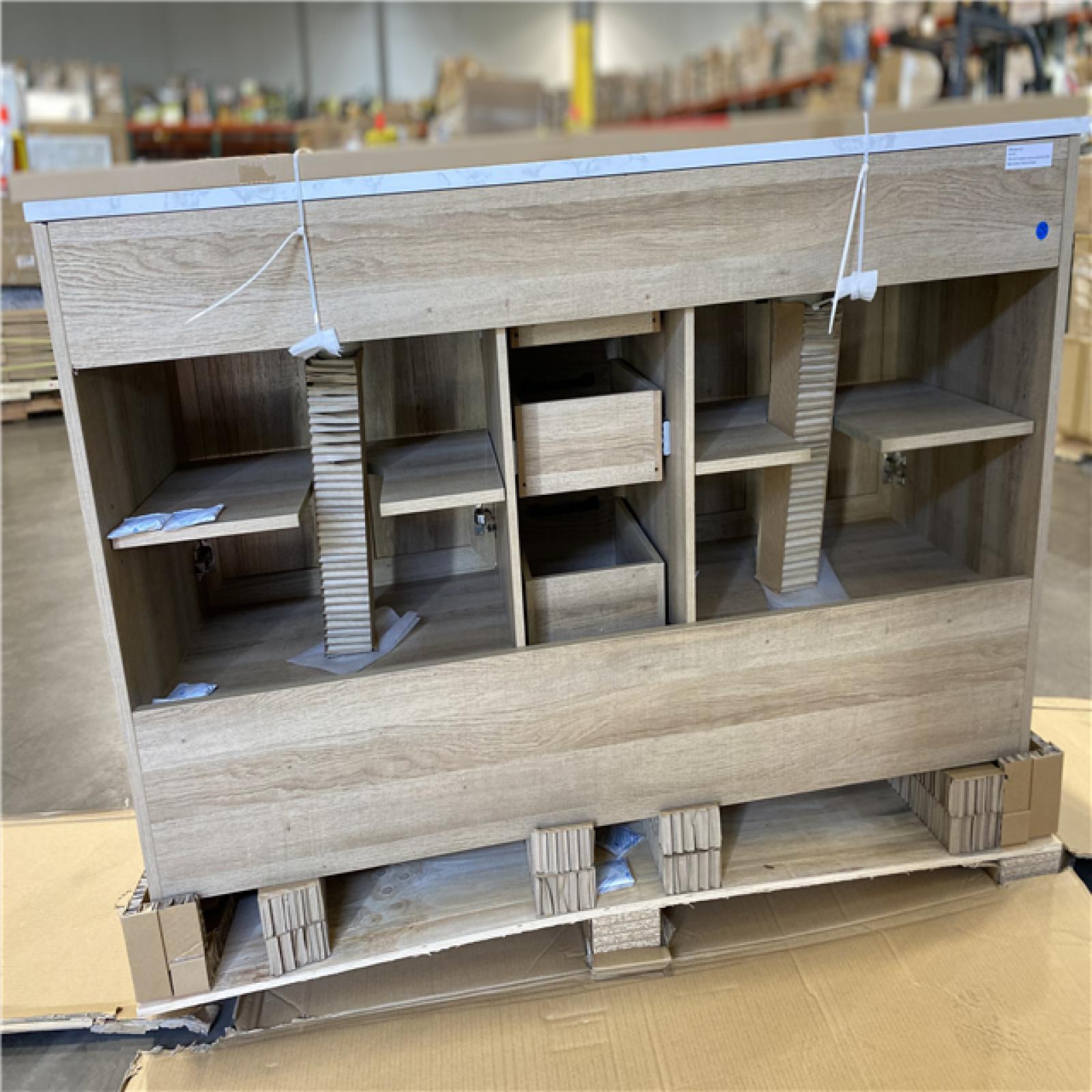DALLAS LOCATION - Glacier Bay Tobana 60 in. Double Sink Weathered Tan Bath Vanity with White Engineered Marble Top (Assembled)