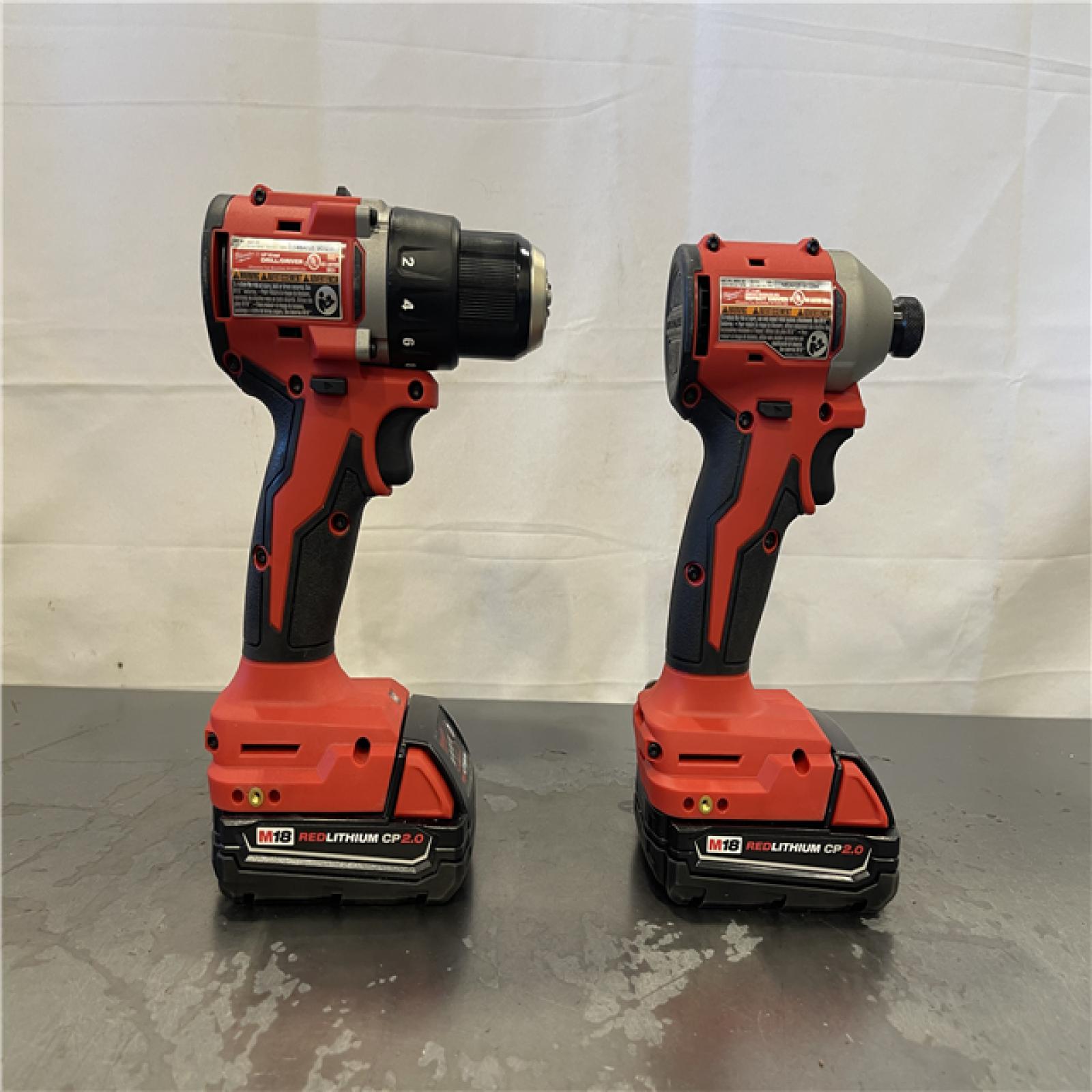 AS-IS- Milwaukee M18 18V Lithium-Ion Brushless Cordless Compact Drill/Impact Combo Kit (2-Tool) W/(2) 2.0 Ah Batteries  Charger & Bag