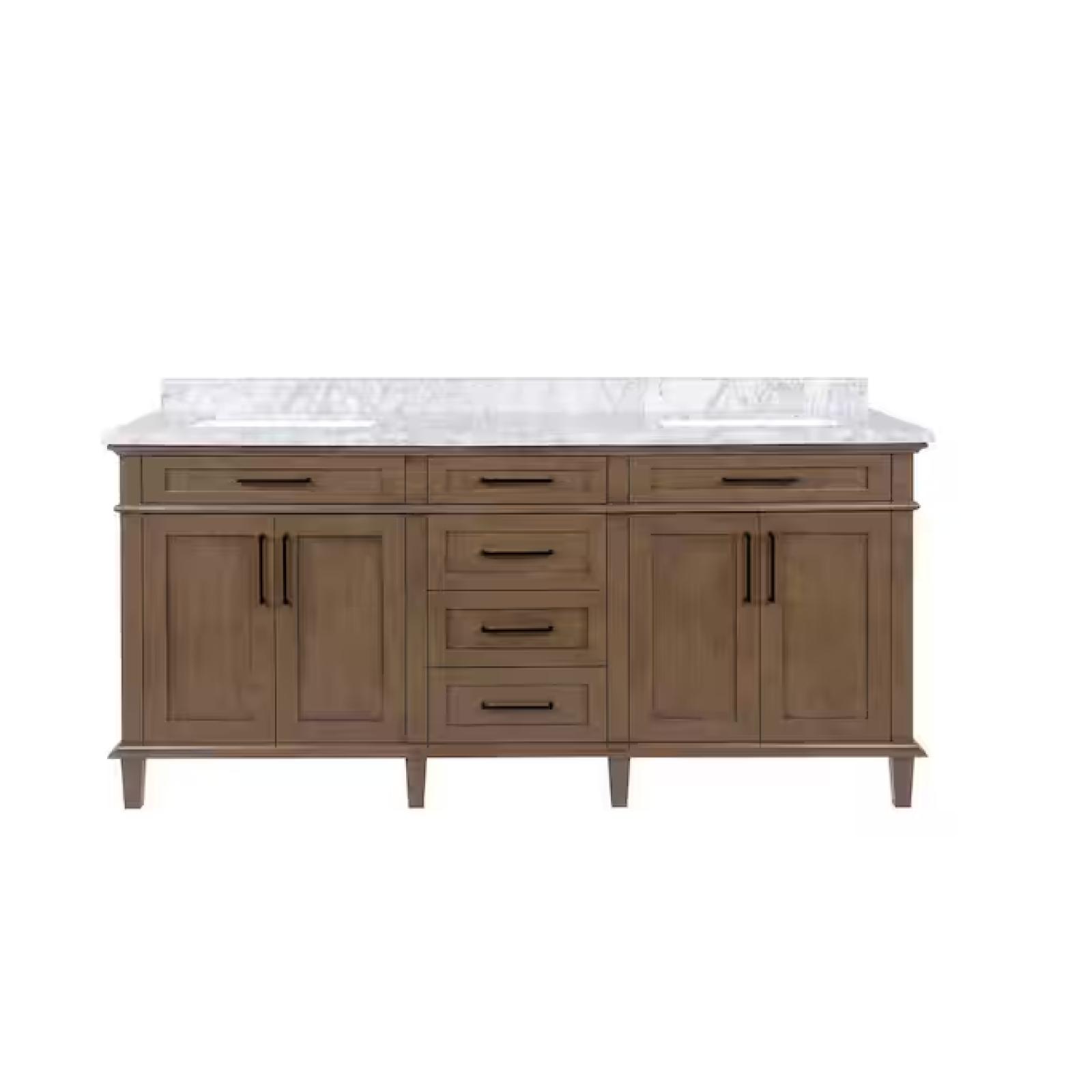 DALLAS LOCATION - Home Decorators Collection Sonoma 72 in. Double Sink Almond Latte Bath Vanity with Carrara Marble Top (Assembled)