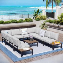 Phoenix PHI VILLA 10 -Seat 9-Piece Metal Outdoor Patio Conversation Sectional -Seating Set with Light Gray Cushions and Coffee Table