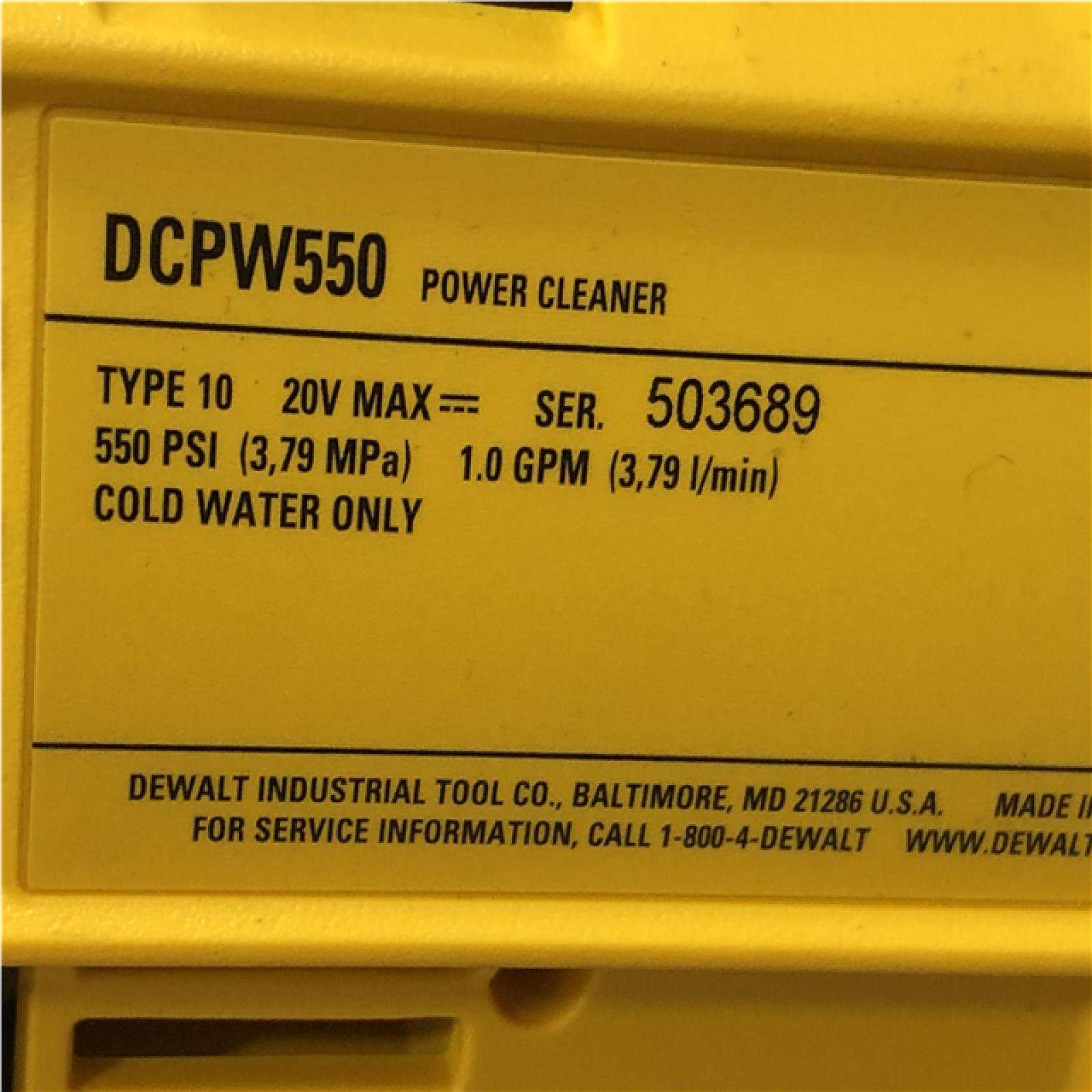 AS-IS DEWALT 20V MAX 550 PSI 1.0 GPM Cold Water Cordless Power Cleaner with 4-Nozzles (Tool Only)