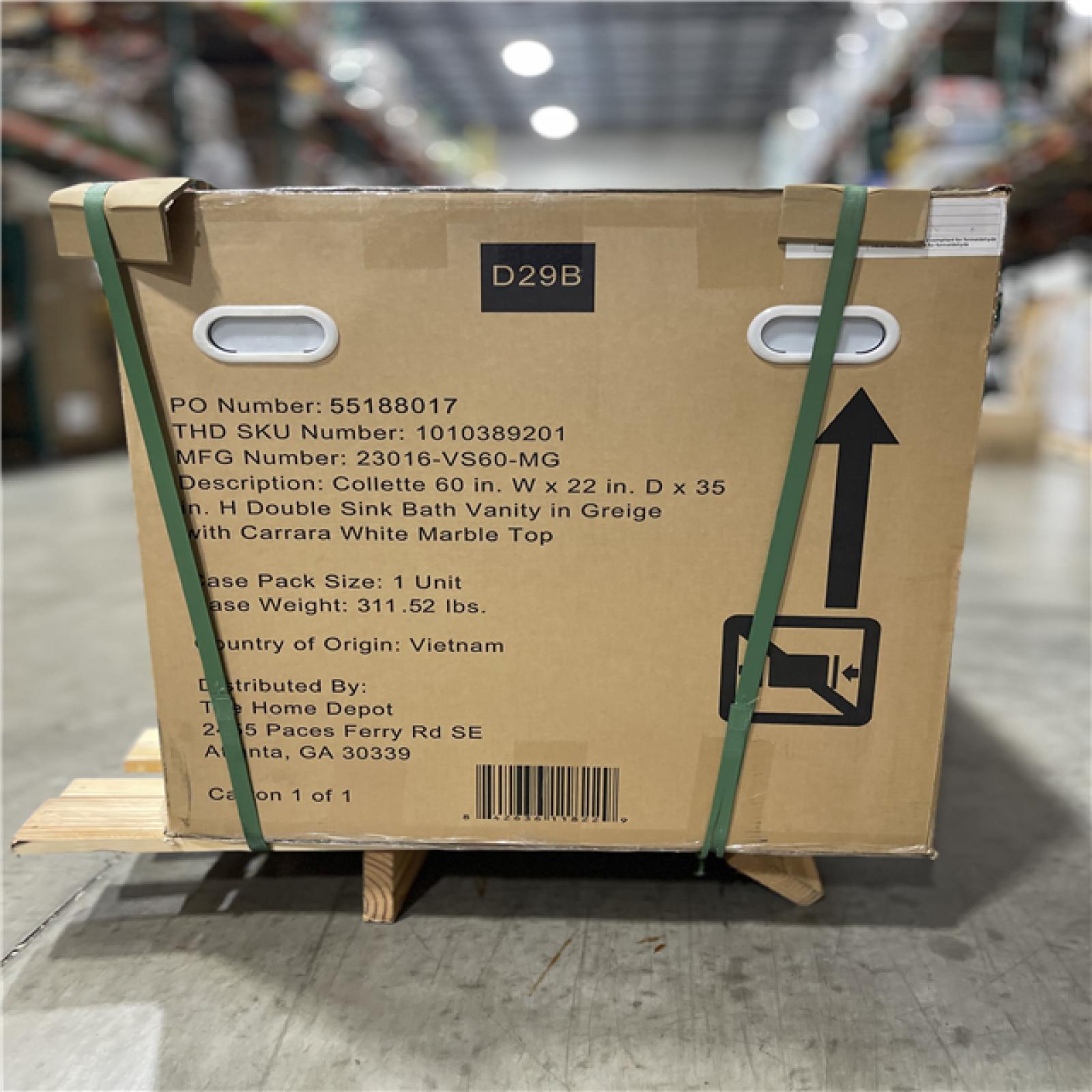 DALLAS LOCATION- Home Decorators Collection Collette 60 in. Double Sink Greige Bath Vanity with White Carrara Marble Top (Assembled)