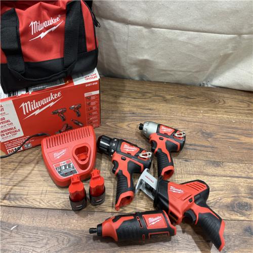 AS IS M12 12V Lithium-Ion Cordless 4-Tool Combo Kit with (2) Compact 1.5Ah Batteries and Charger