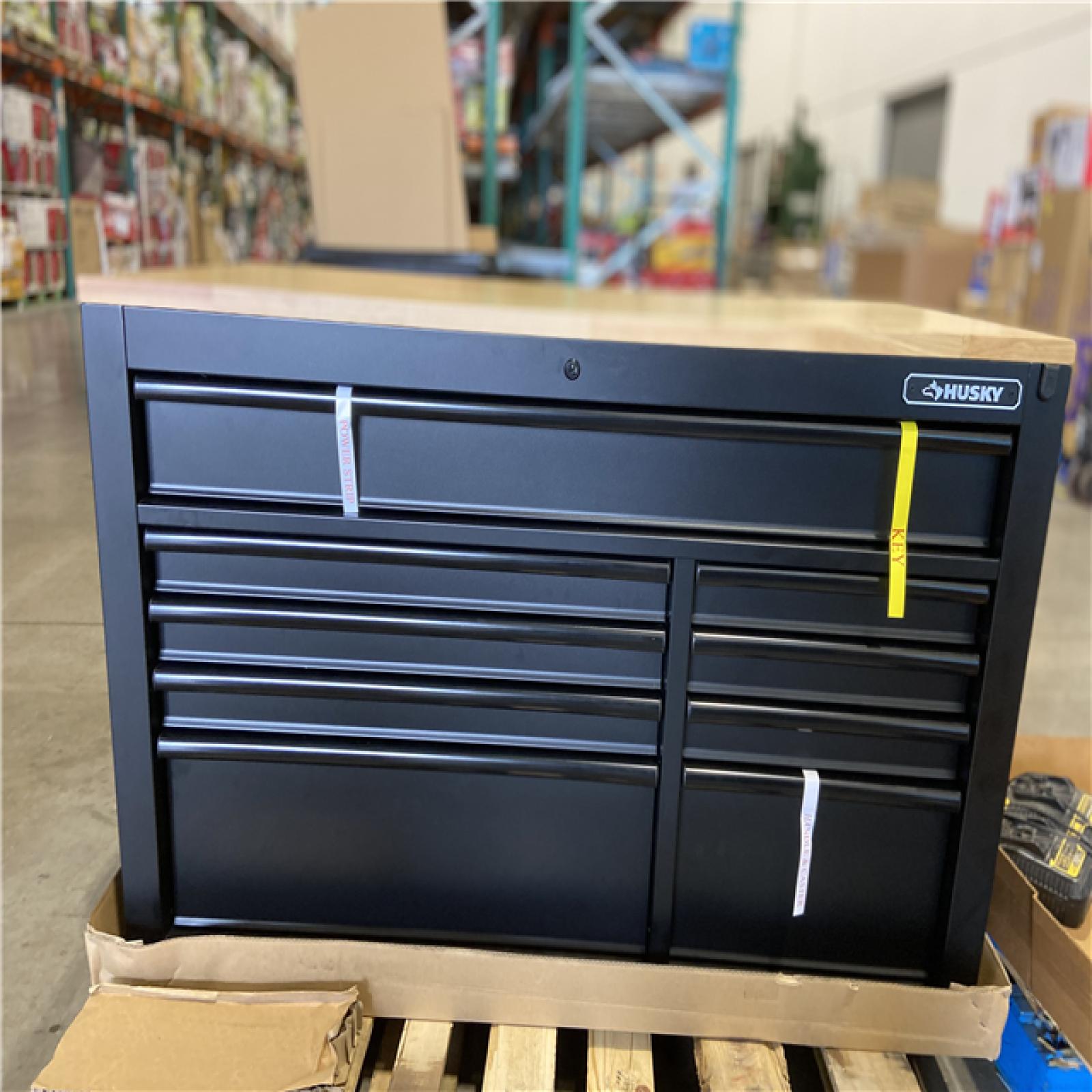 DALLAS LOCATION - Husky 52 in. W x 25 in. D Heavy Duty 9-Drawer Mobile Workbench Cabinet with Adjustable-Height Hardwood Top in Matte Black