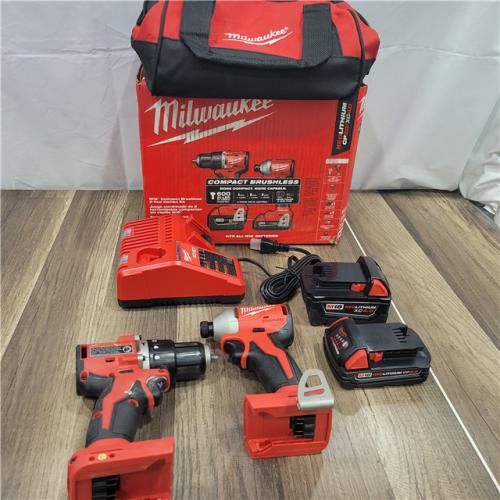 AS-IS Milwaukee   M18 18-Volt Lithium-Ion Brushless Cordless Compact Hammer Drill/Impact Combo Kit (2-Tool) with (2) Batteries, Bag