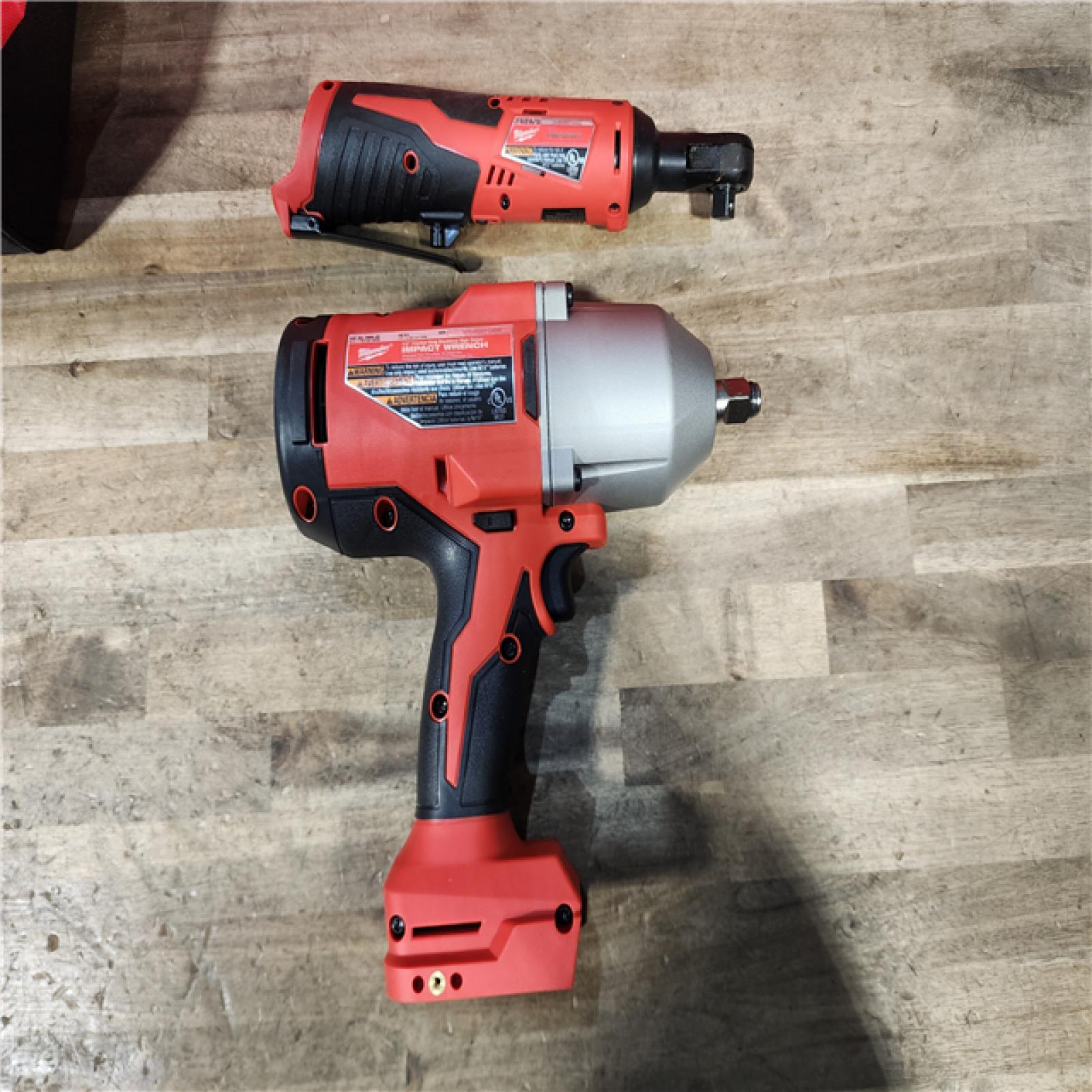 HOUSTON LOCATION - AS-IS (APPEARS LIKE NEW) Milwaukee M12/M18 12/18V Lithium-Ion Cordless 3/8 in. Ratchet and 1/2 in. High Torque Impact Wrench with Friction Ring Combo Kit