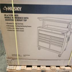 Phoenix NEW Husky 46 in. x 25 in. D 9-Drawer Mobile Workbench with Adjustable Height Wood Top in Gloss Black