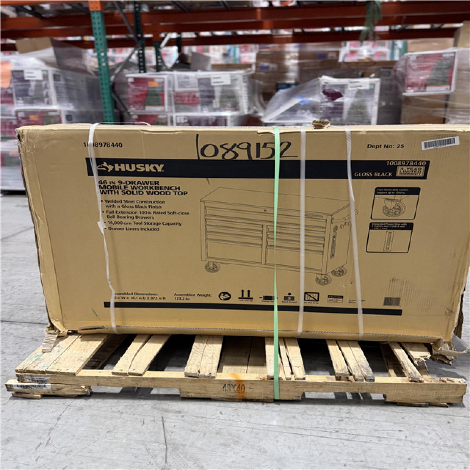 DALLAS LOCATION- AS-IS Husky Tool Storage 46 in. W x 18 in. D 9-Drawer Mobile Workbench Cabinet in Gloss Black