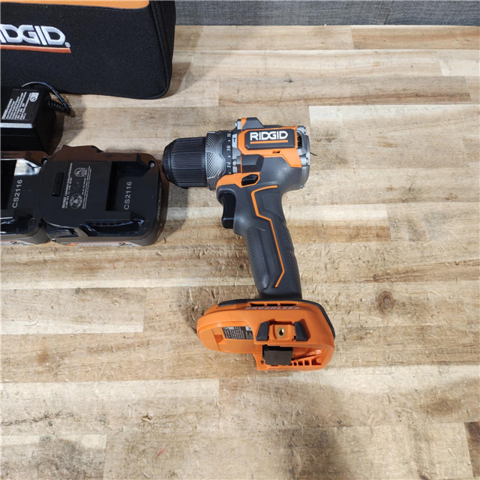 HOUSTON LOCATION - AS - IS RIDGID R8711K 18V Sub Compact Brushless 1/2 in. Hammer Drill Kit with (2) 2.0 Ah Batteries  Charger  and Bag