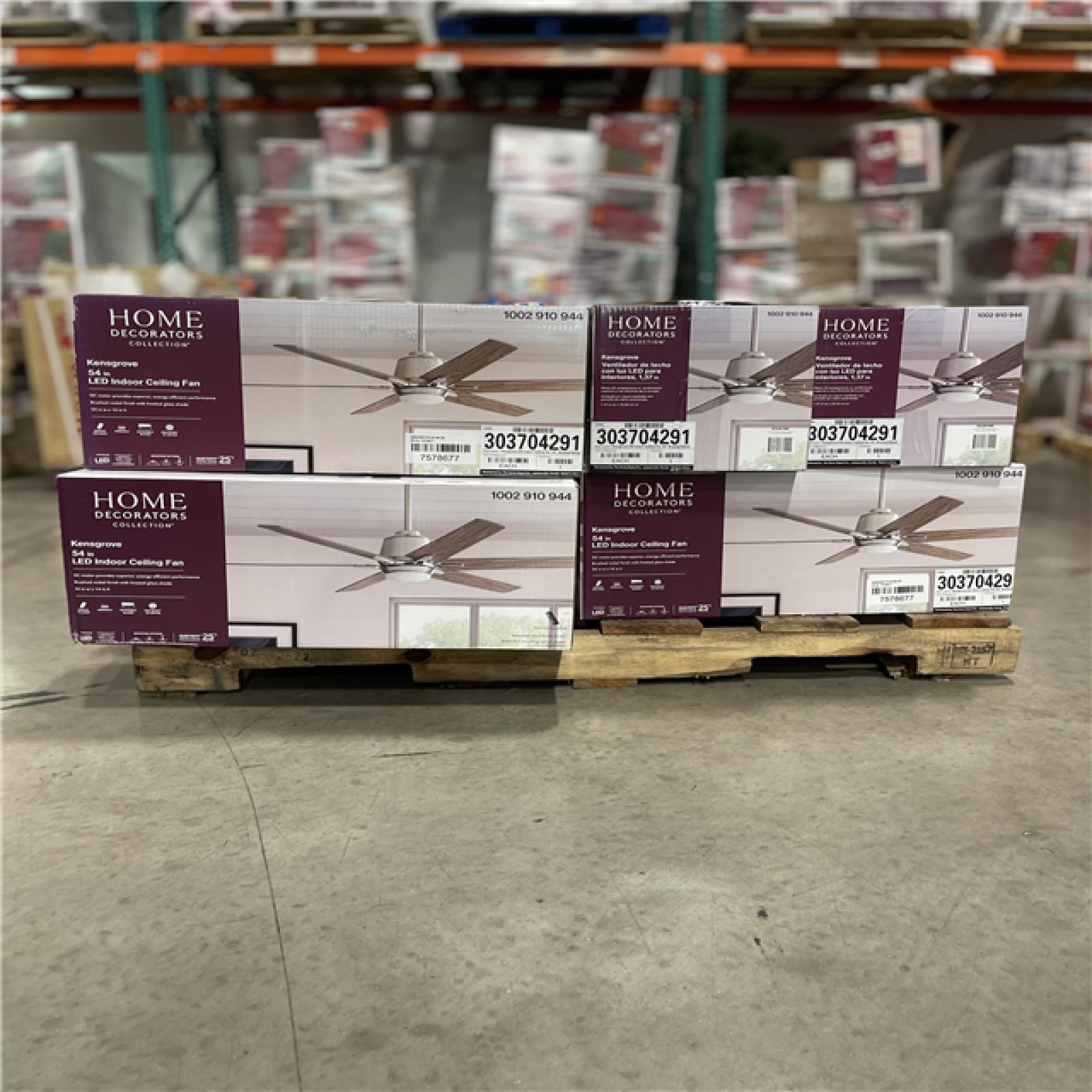 DALLAS LOCATION - Home Decorators Collection Kensgrove 54 in. Integrated LED Indoor Brushed Nickel Ceiling Fan with Light Kit works with Google Assistant and Alexa PALLET- (12 UNITS)