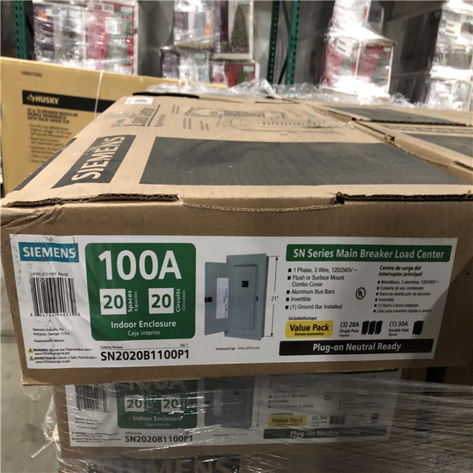 DALLAS LOCATION - Siemens SN Series 100 Amp 20-Space 20-Circuit Main Breaker Plug-On Neutral Load Center Value Pack PALLET-(29 UNITS)