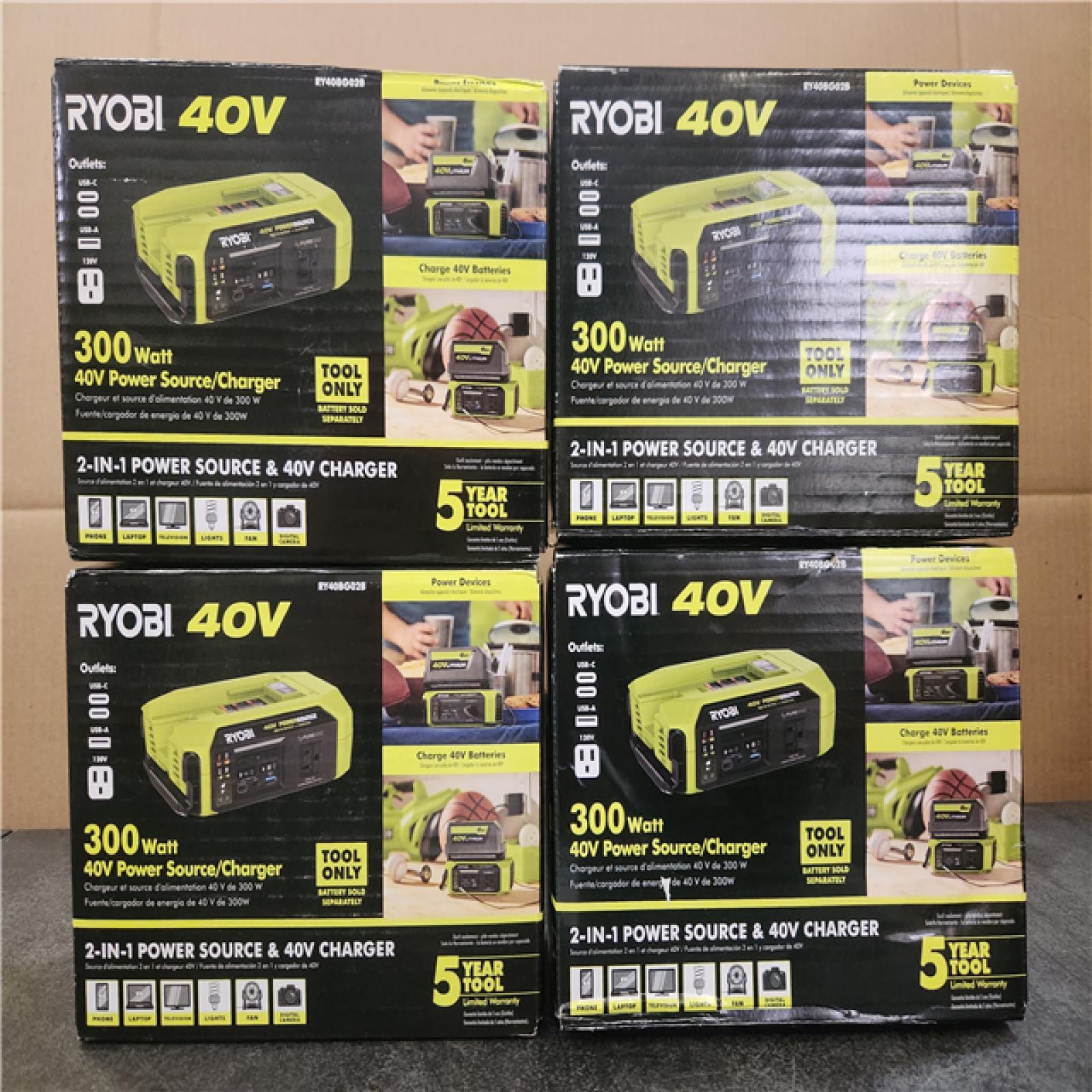 Phoenix NEW RYOBI 40V 300-Watt Portable Battery Inverter Power Source and 40V Battery Charger 4-Pack (Tool Only)