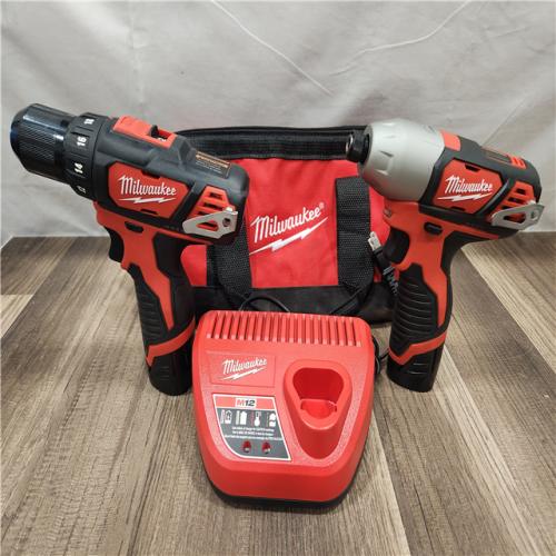 AS-IS- Milwaukee M12 Cordless Combination 3/8 Drill / Driver and 1/4 Hex Impact Driver Dual Power Tool Kit (2 Lithium Ion Batteries  Charger  and B