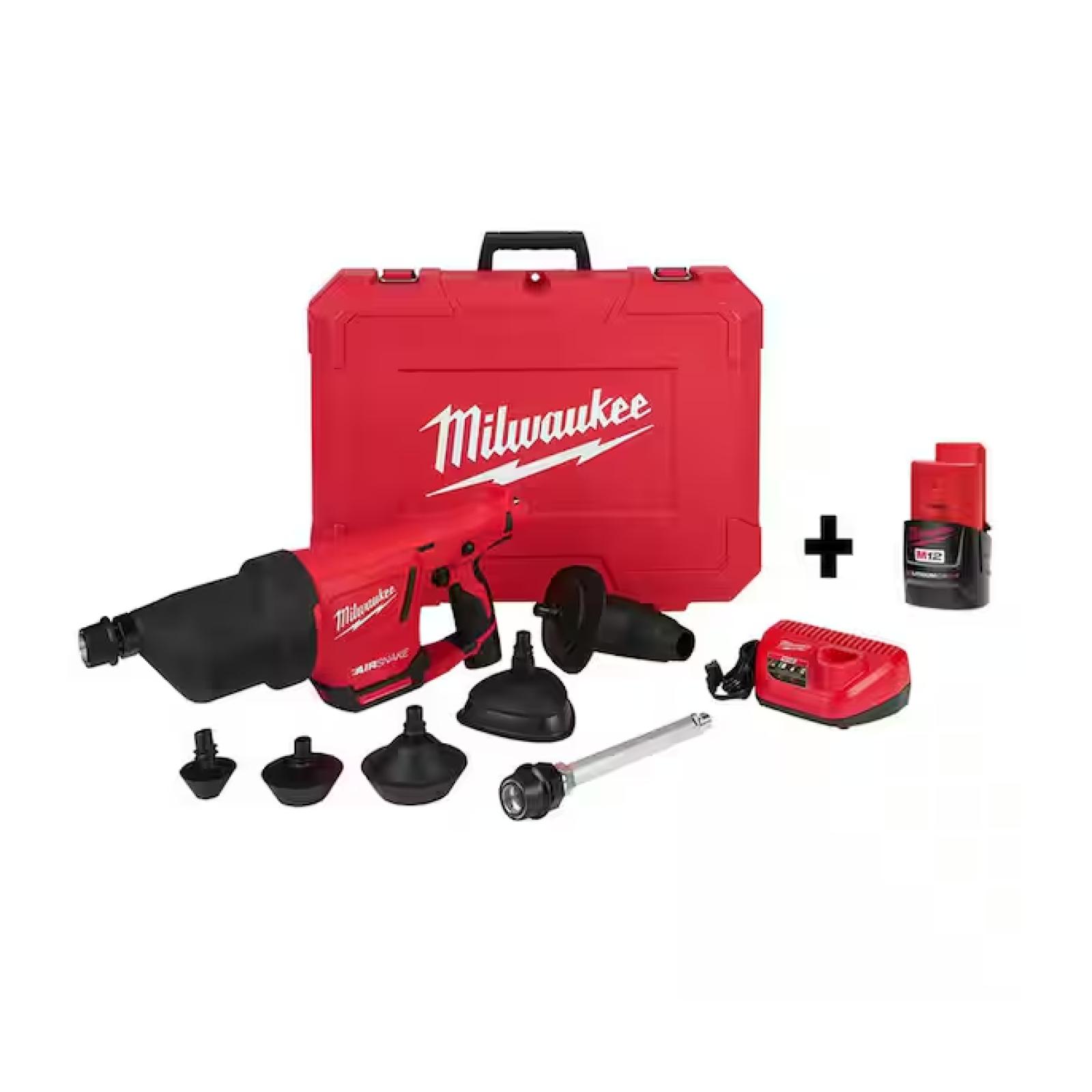 LIKE NEW! - Milwaukee M12 12V Lithium-Ion Cordless Drain Cleaning Airsnake Air Gun Kit with (2) 2.0 Ah Batteries  Toilet Attachments