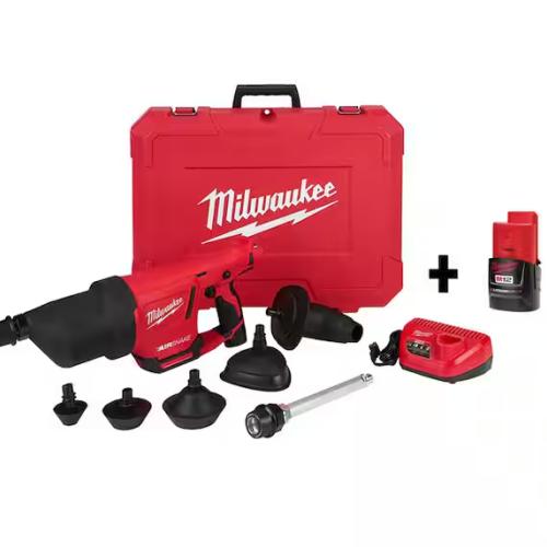 LIKE NEW! - Milwaukee M12 12V Lithium-Ion Cordless Drain Cleaning Airsnake Air Gun Kit with (2) 2.0 Ah Batteries  Toilet Attachments