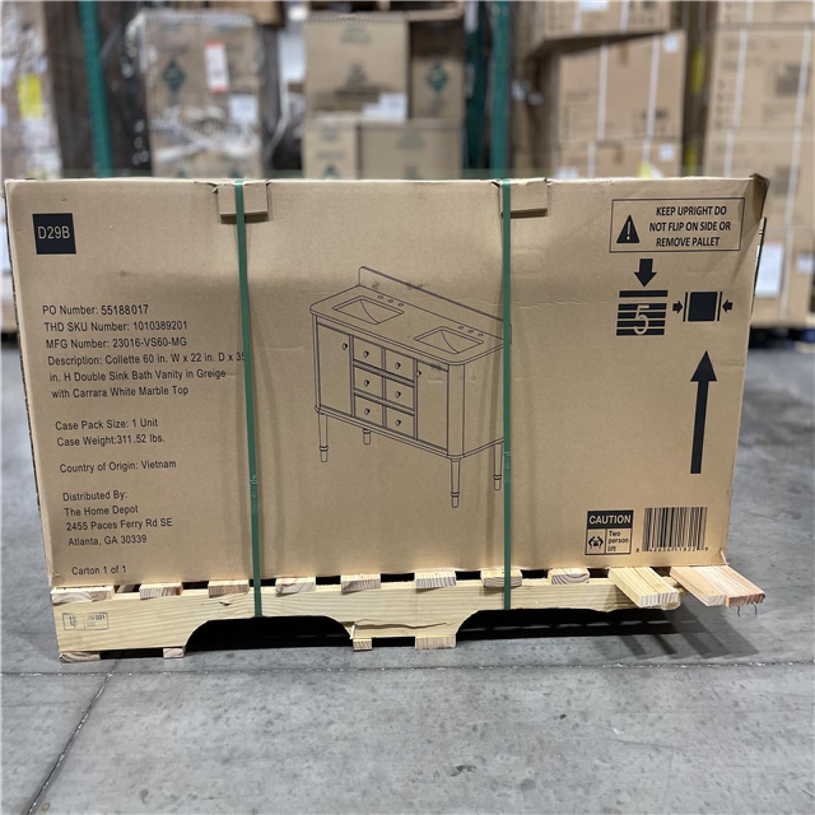 DALLAS LOCATION- Home Decorators Collection Collette 60 in. Double Sink Greige Bath Vanity with White Carrara Marble Top (Assembled)