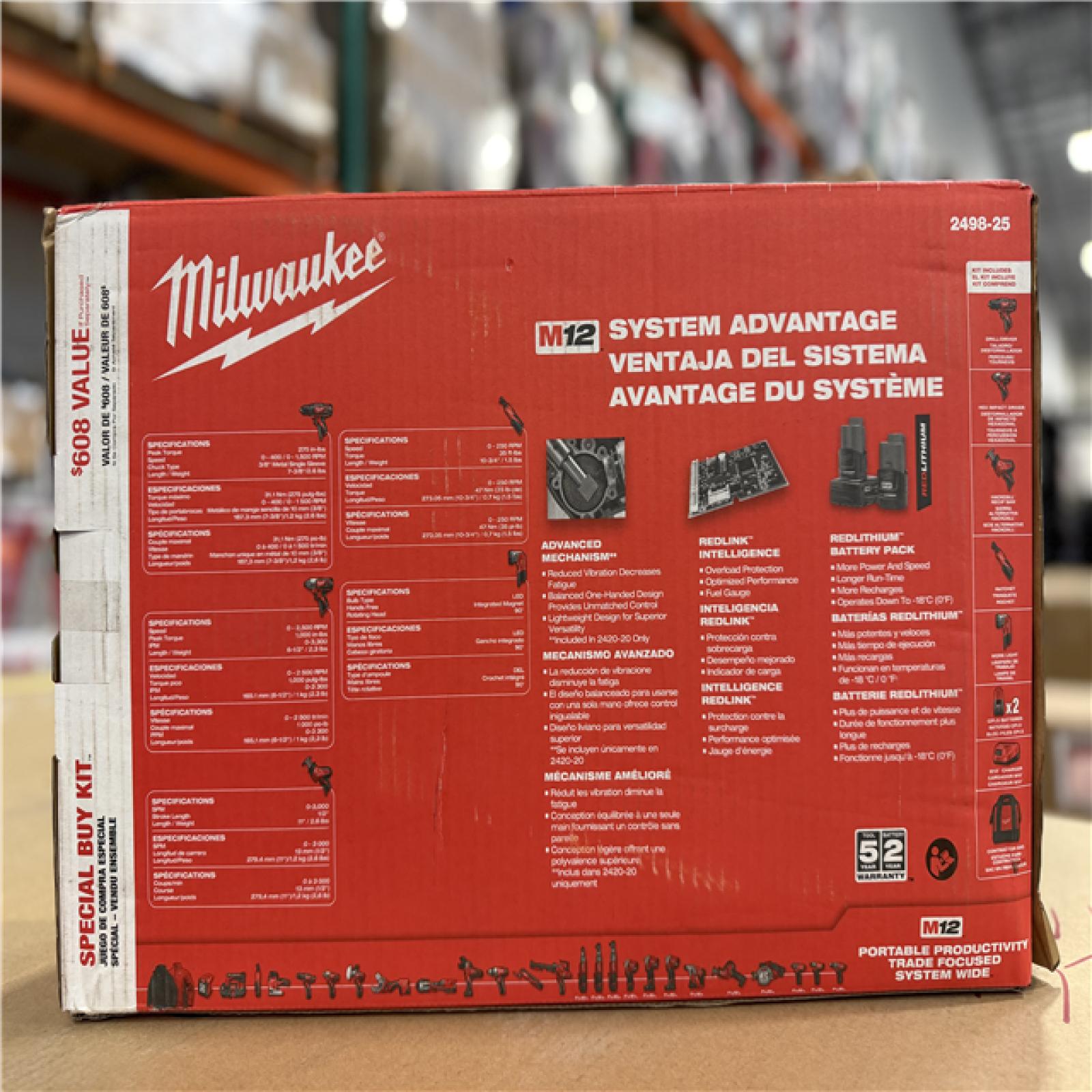 NEW! - Milwaukee M12 12V Lithium-Ion Cordless Combo Kit (5-Tool) with Two 1.5 Ah Batteries  Charger and Tool Bag
