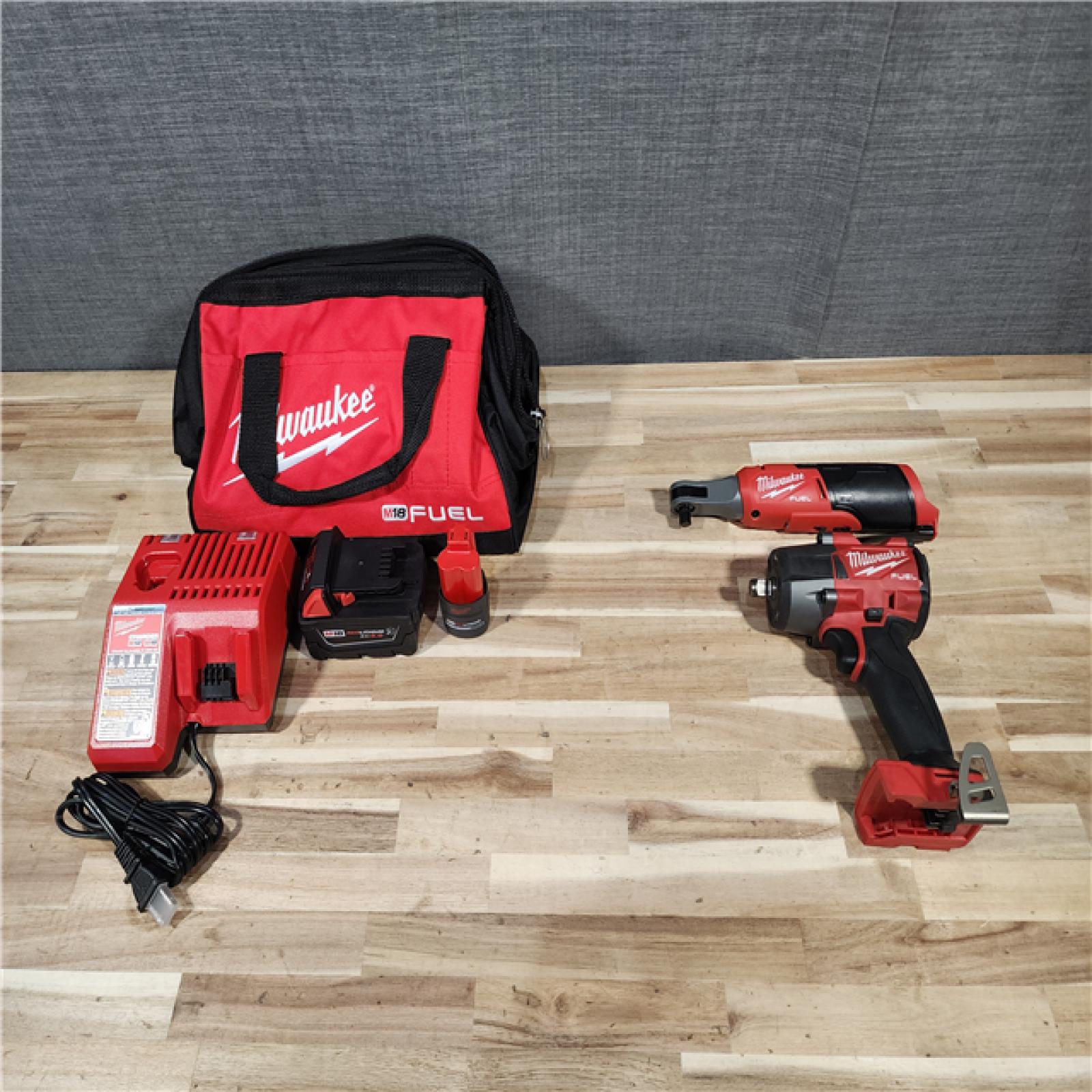 HOUSTON LOCATION - AS-IS Milwaukee FUEL 18V Cordless Mid Torque 1/2 in. Impact Wrench w/ M12 FUEL 3/8 in. Ratchet & Battery/Charger Combo Kit