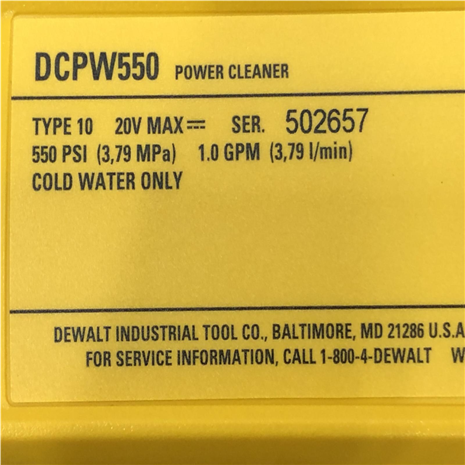AS-IS DEWALT 20V MAX 550 PSI 1.0 GPM Cold Water Cordless Power Cleaner with 4-Nozzles (Tool Only)