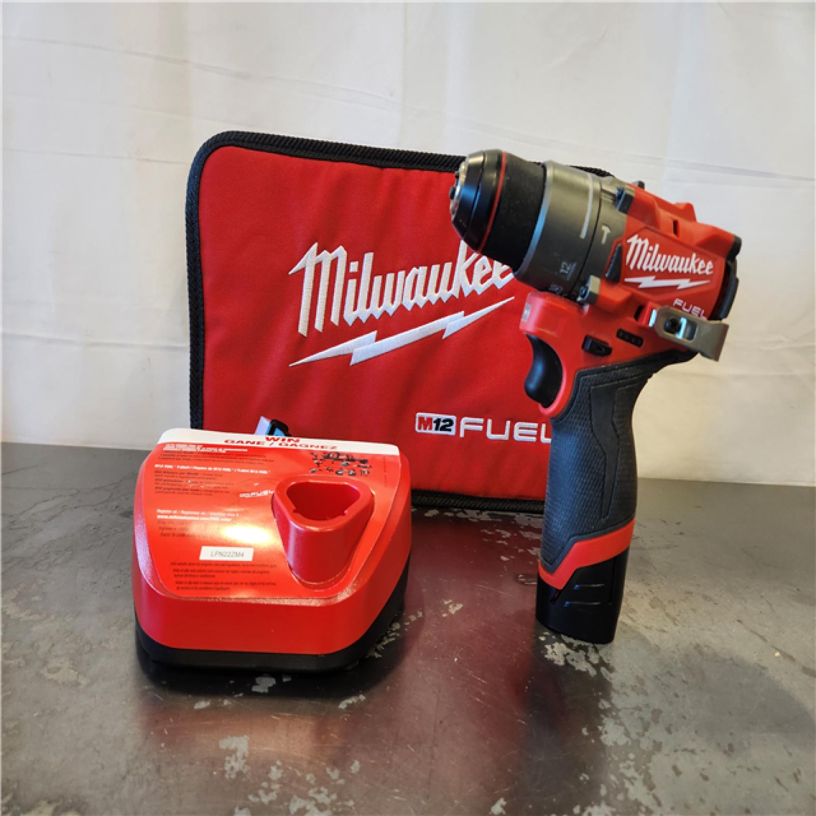 AS-IS- Milwaukee M12 FUEL 12-Volt Lithium-Ion Brushless Cordless 1/2 in. Hammer Drill Kit with 1 Compact 2.0Ah Battery Pack and 1 Charger