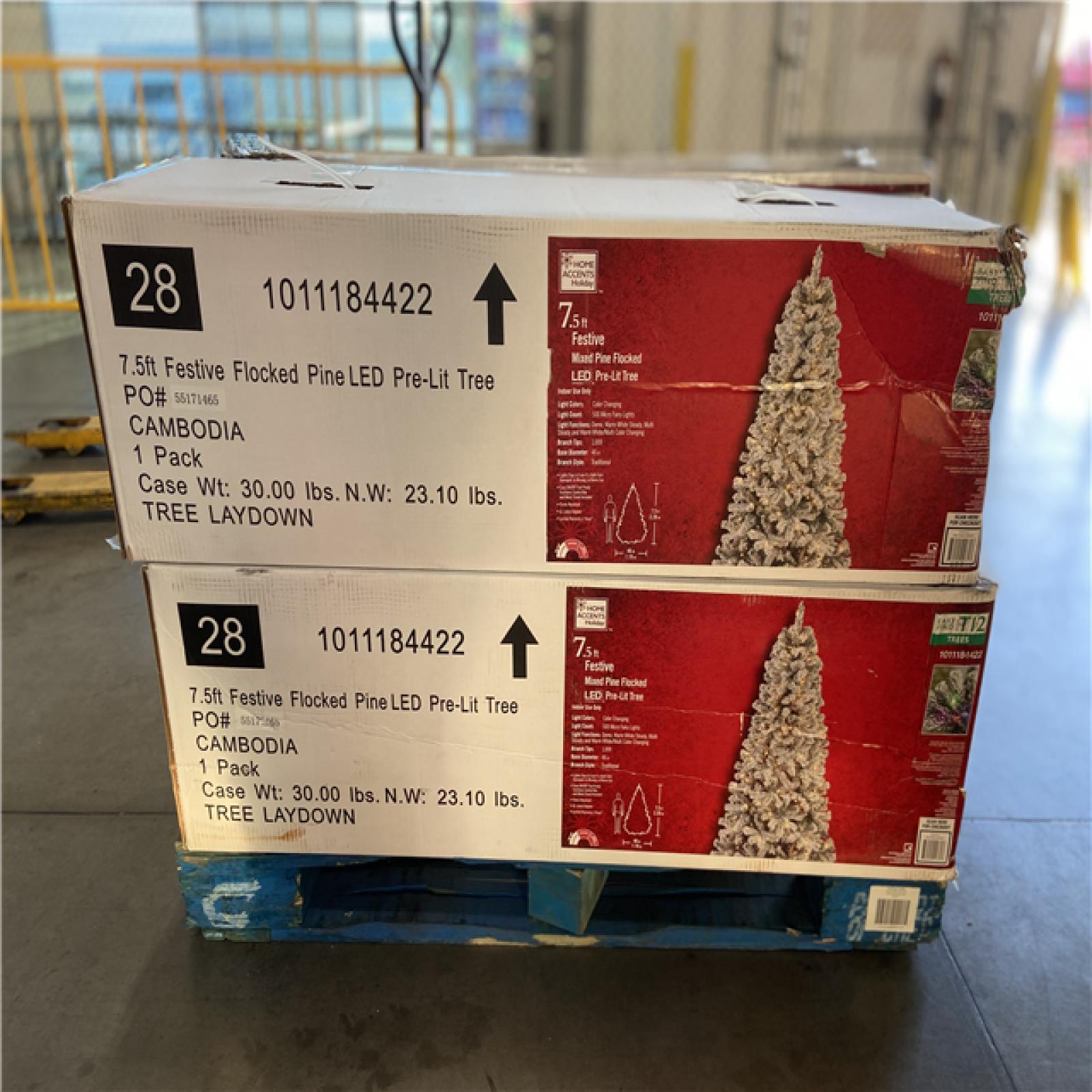 DALLAS LOCATION - Home Accents Holiday 7.5 ft. Festive Mixed Pine Flocked LED Pre-Lit Artificial Christmas Tree T12 - 6 UNITS