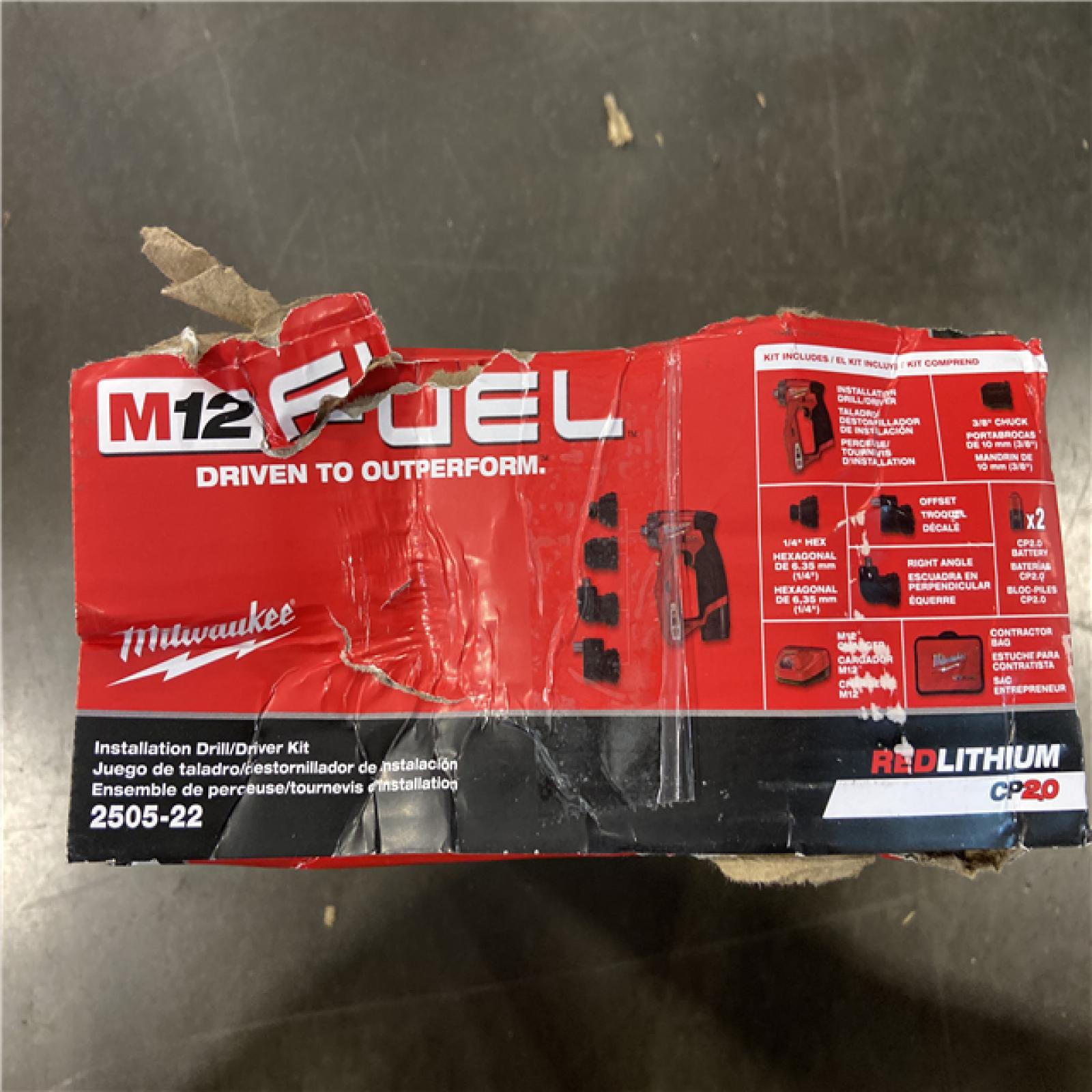 AS-IS Milwaukee M12 FUEL 12V Lithium-Ion Brushless Cordless 4-in-1 Installation 3/8 in. Drill Driver Kit with 4-Tool Heads