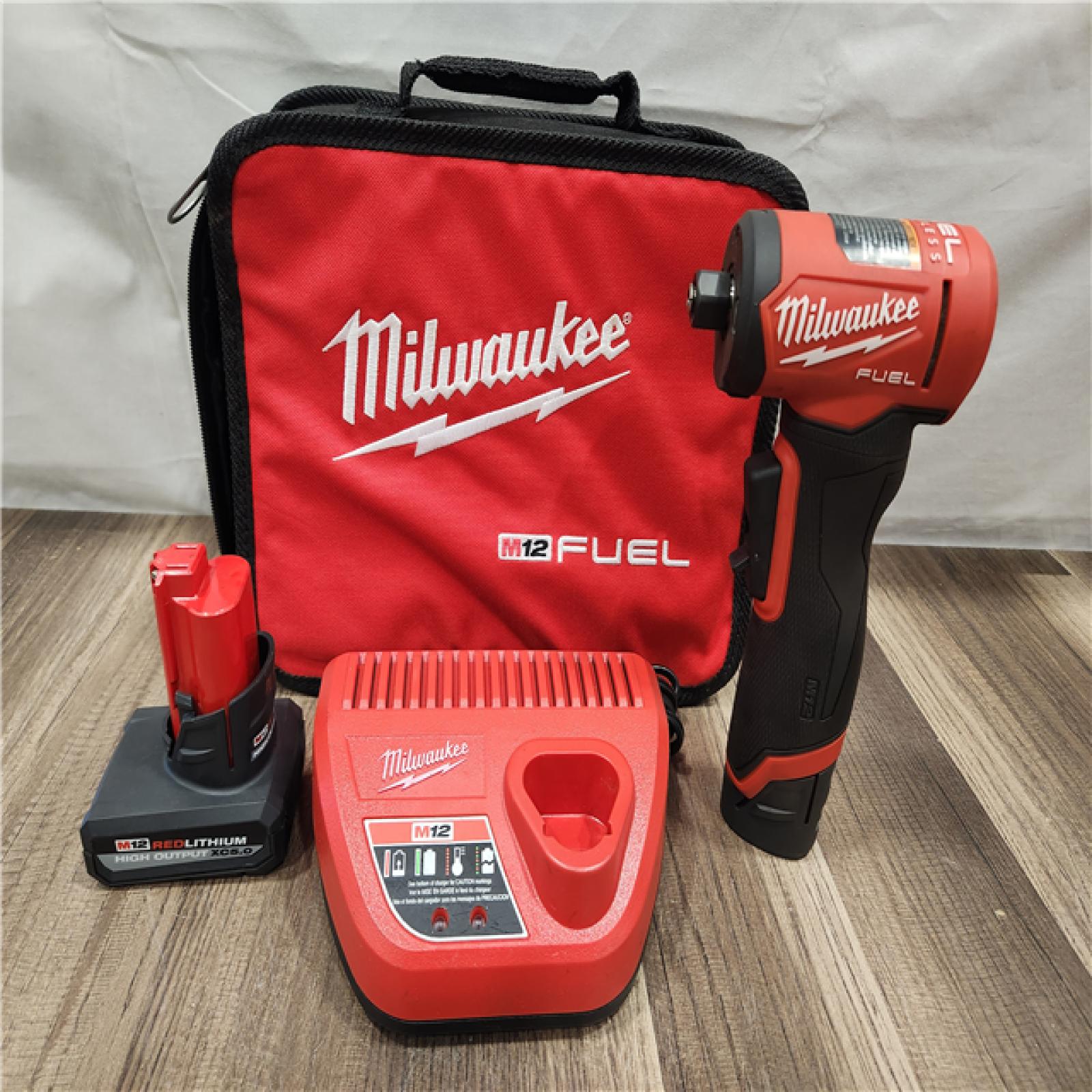 AS-IS- M12 FUEL 12V Lithium-Ion Brushless Cordless 1/4 in. Right Angle Die Grinder Kit W/ 5.0 Ah & 2.5 Ah Batteries