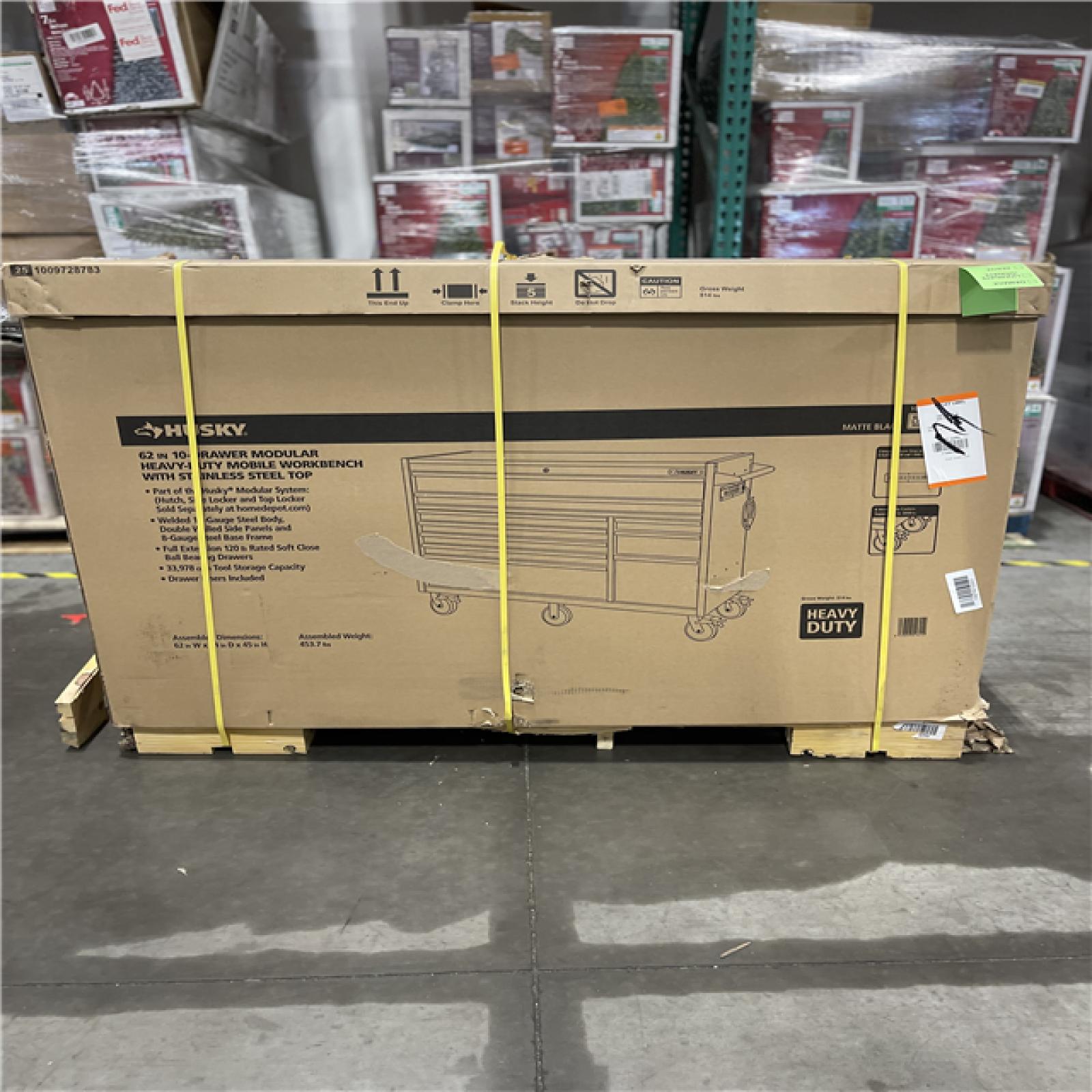 DALLAS LOCATION- NEW!- Husky Modular Tool Storage 62 in. W X 24 in. D Heavy Duty Matte Black Mobile Workbench Cabinet with Stainless Steel Top