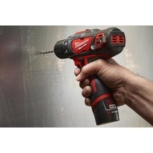 AS-IS MILWAUKEE M12 12V Lithium-Ion Cordless 3/8 in. Drill/Driver Kit with Two 1.5 Ah Batteries, Charger and Tool Bag