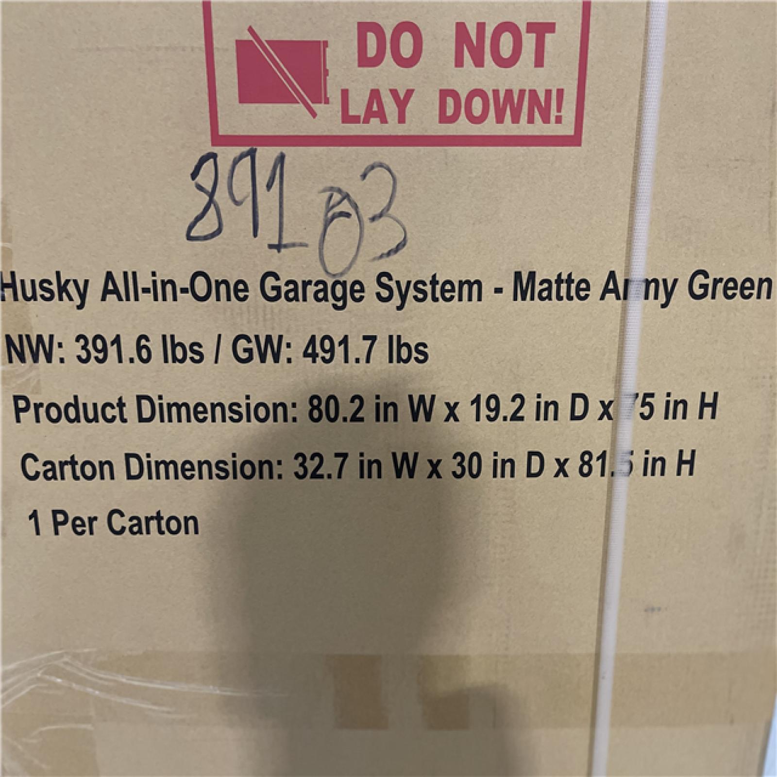 DALLAS LOCATION - Husky 80.2 in. W x 75 in. H x 19.2 in. D Steel 8-Piece Garage Storage System in Matte Army Green with Solid Wood Worktop