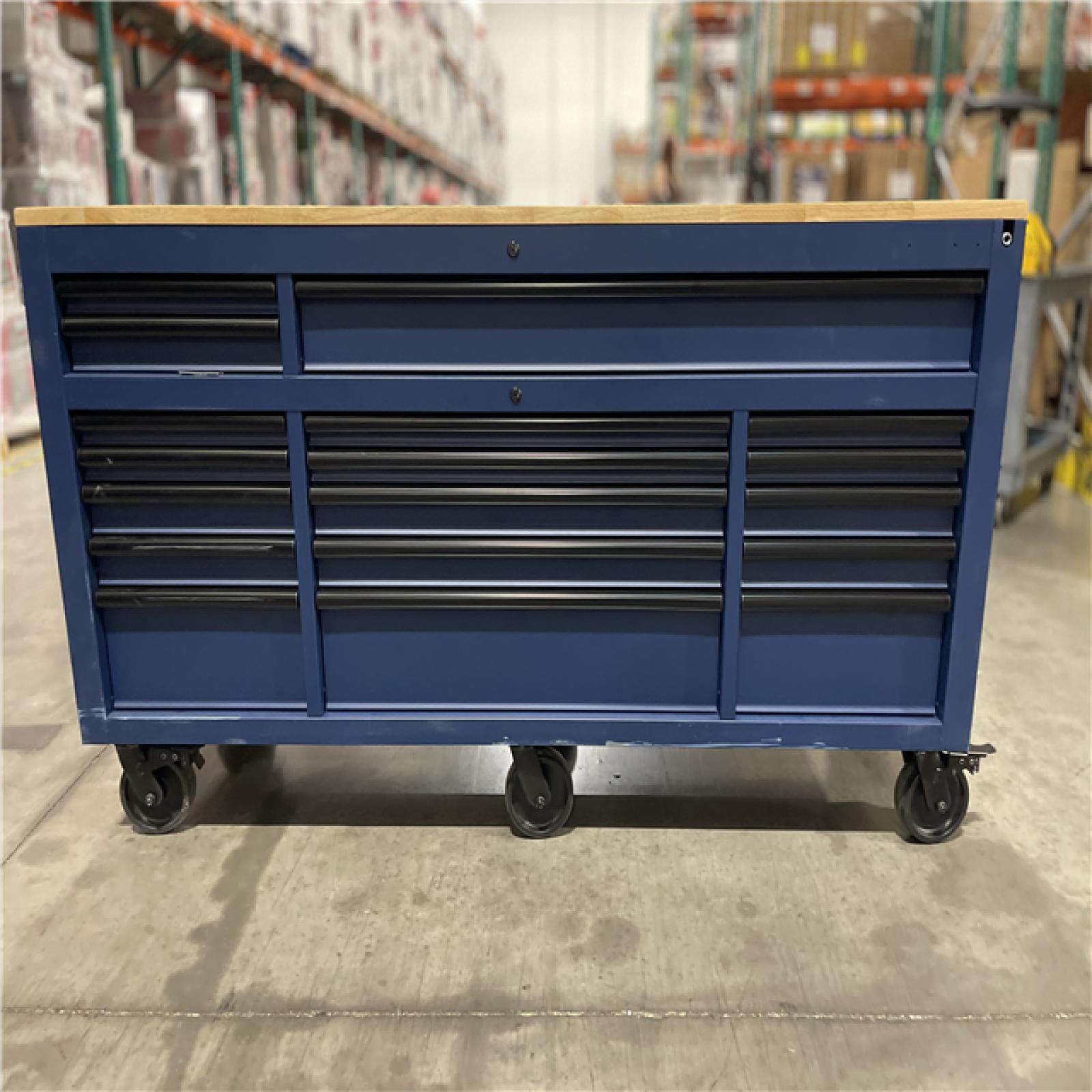 DALLAS LOCATION- AS IS- HUSKY 72 in. W x 24 in. D Heavy Duty 18-Drawer Adjustable Height Mobile Workbench with Solid Wood Top in Matte Blue