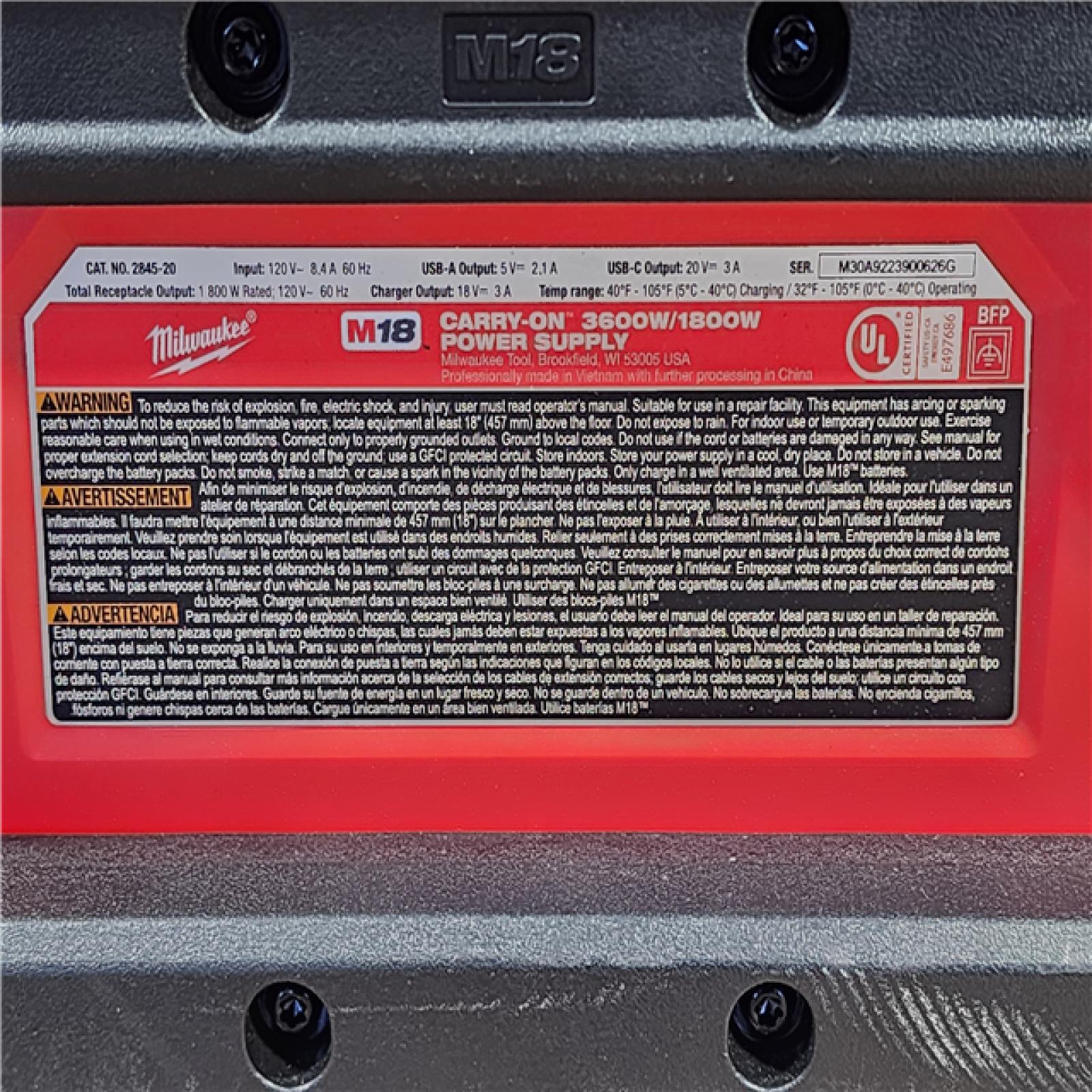 HOUSTON LOCATION - AS-IS Milwaukee M18 Cordless 3600-Watt/1800-Watt Battery Powered Power Supply (Tool Only)